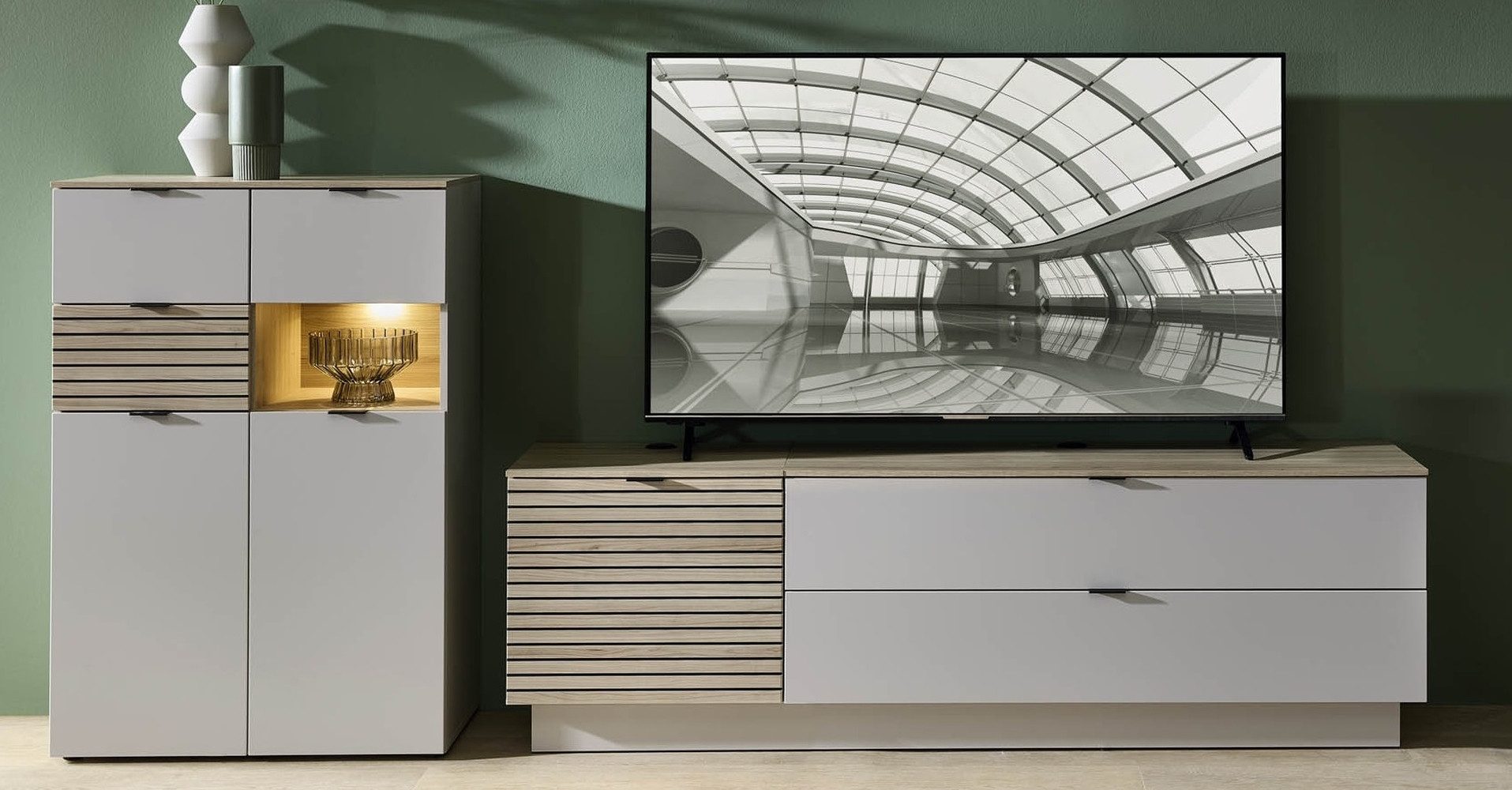 freiraum Wohnwand Ina, (3-teilig), (3-teilig) in Riva Eiche Dekor / Cashmere - 284x125x44 (BxHxT)