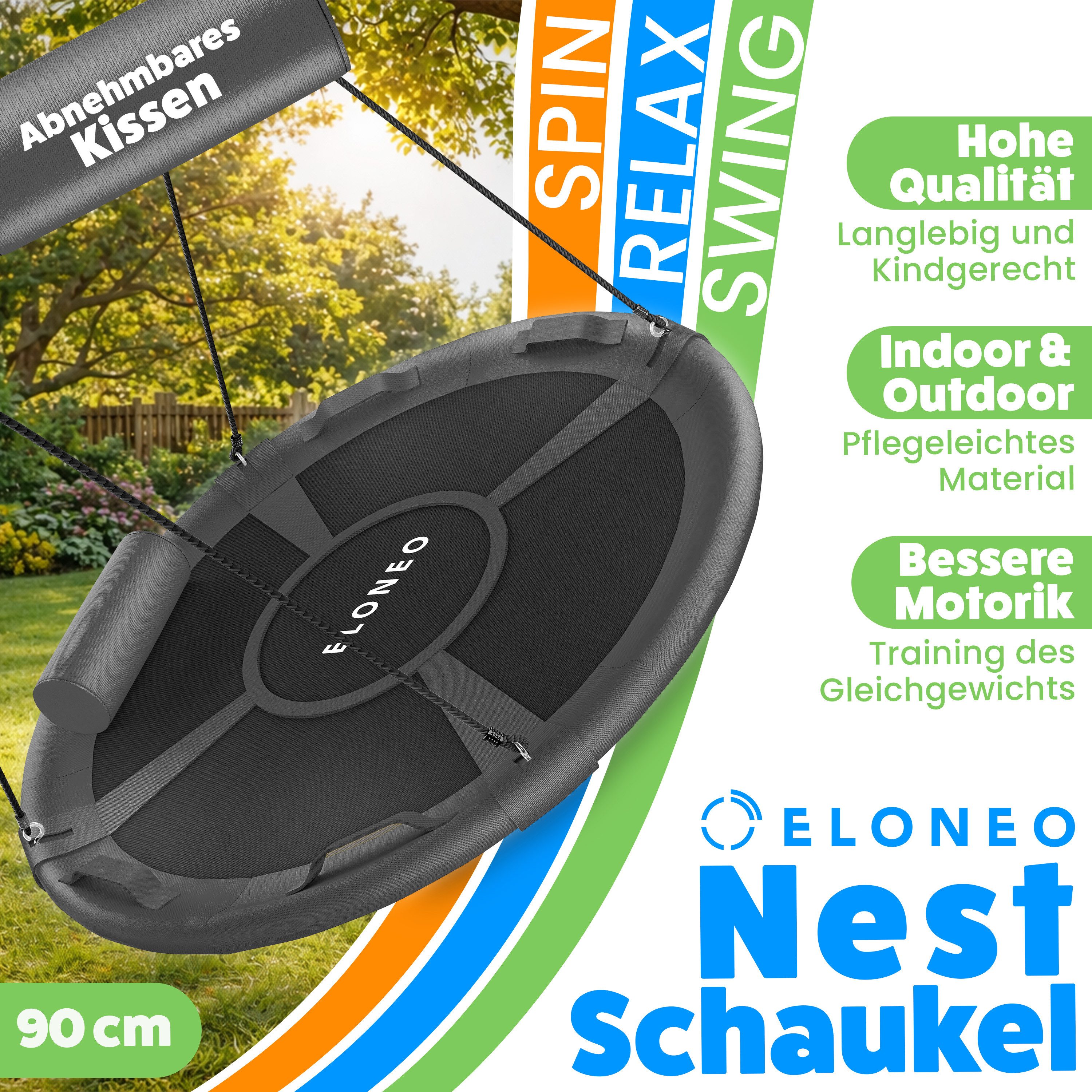 ELONEO Nestschaukel mit Kissen - Gartenschaukel bis 150 kg, inkl. 360°Haken, viel Zubehör, rundum gepolstert