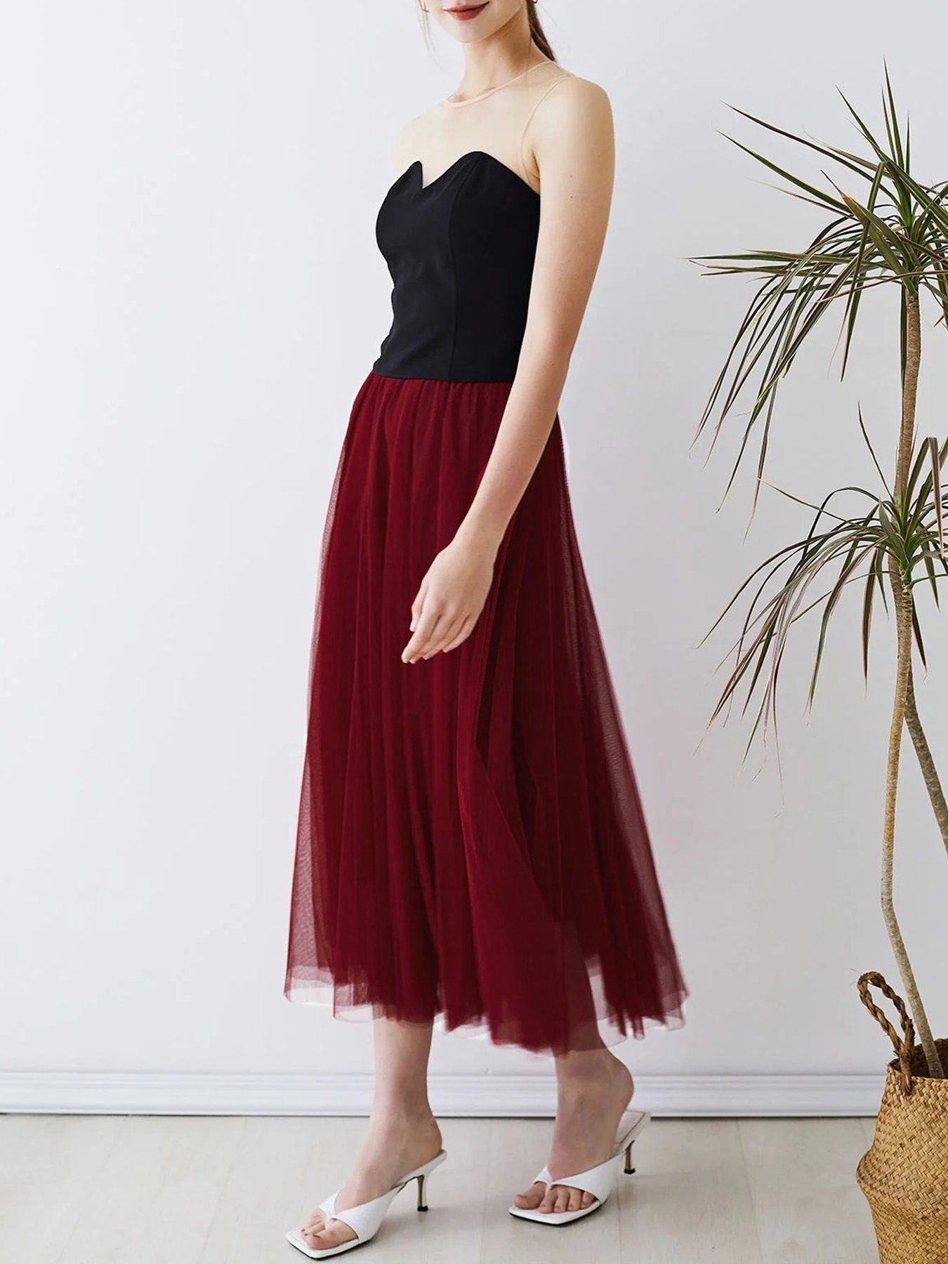 DEBAIJIA Meshrock Meshrock Damen Maxirock Sommer Elegant Lange Röcke Kleid Hohe Taille