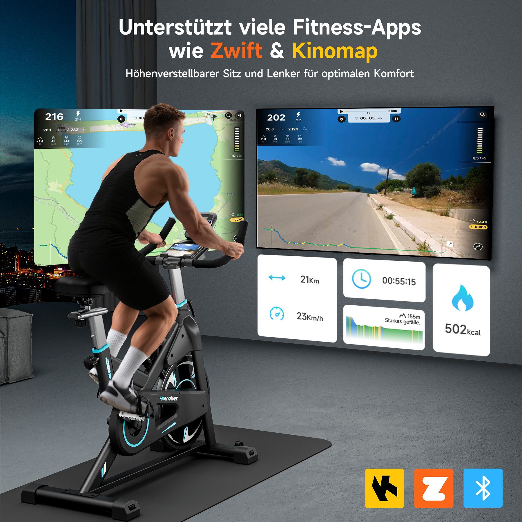 Wenoker Heimtrainer 2025 neu Heimtrainer Fahrrad mit App, Leises Hometrainer Fahrrad (1-tlg., mit Magnetwiderstand), Indoor Fitnessbikes für Kardio-Training zu  – Bild 3 von 5