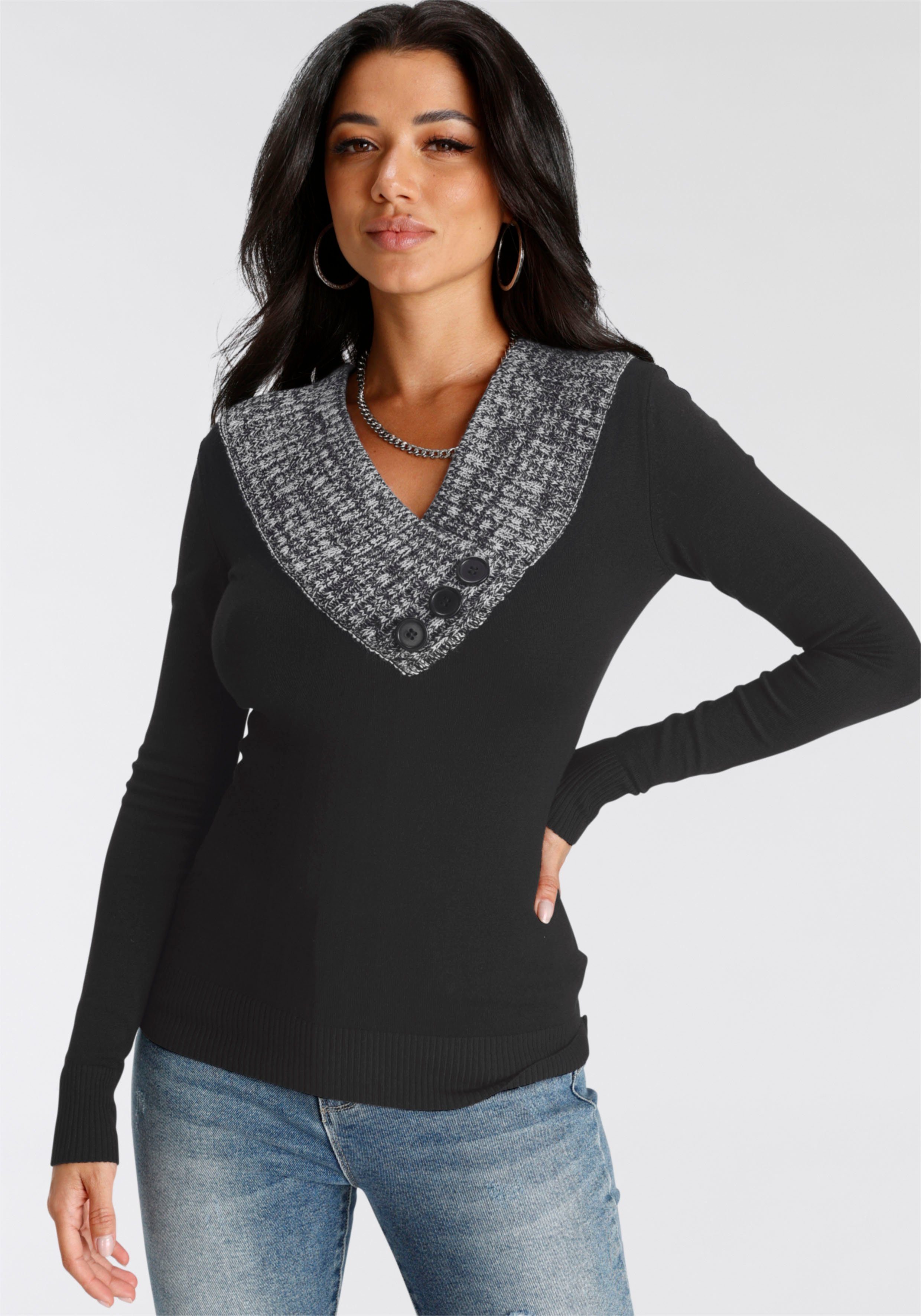 Melrose Strickpullover mit Kontrastkragen | V-Pullover