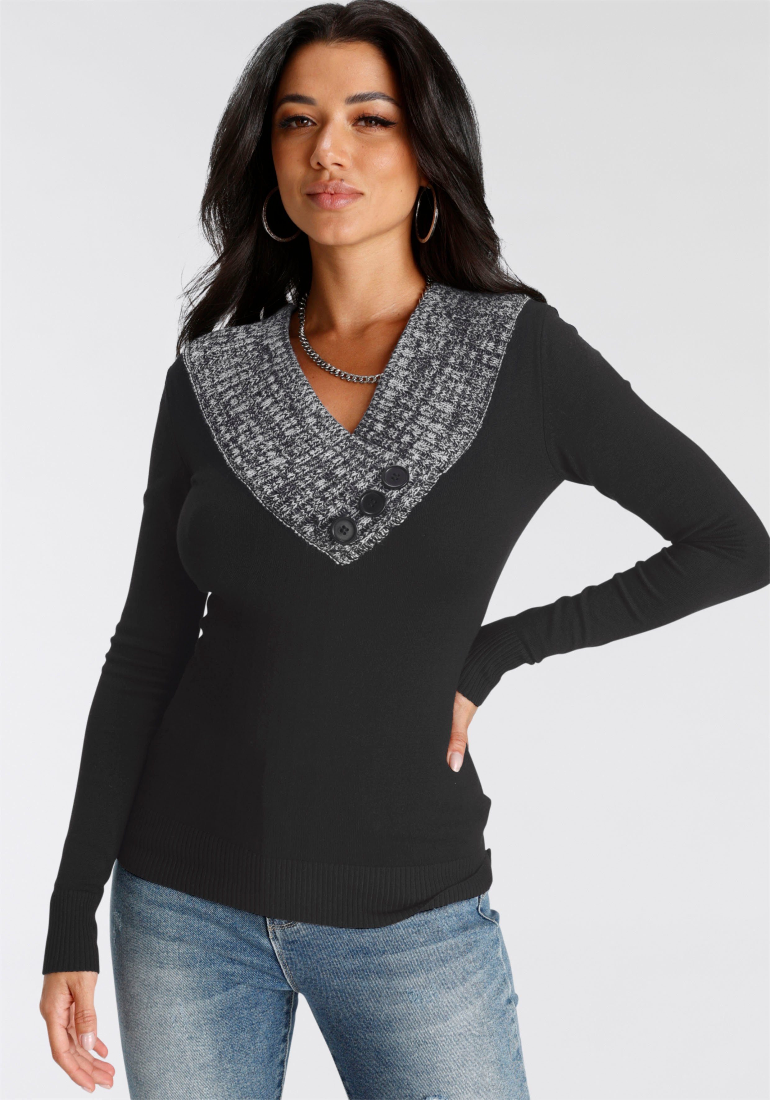 Melrose Strickpullover mit Kontrastkragen und Zierknöpfen günstig online kaufen