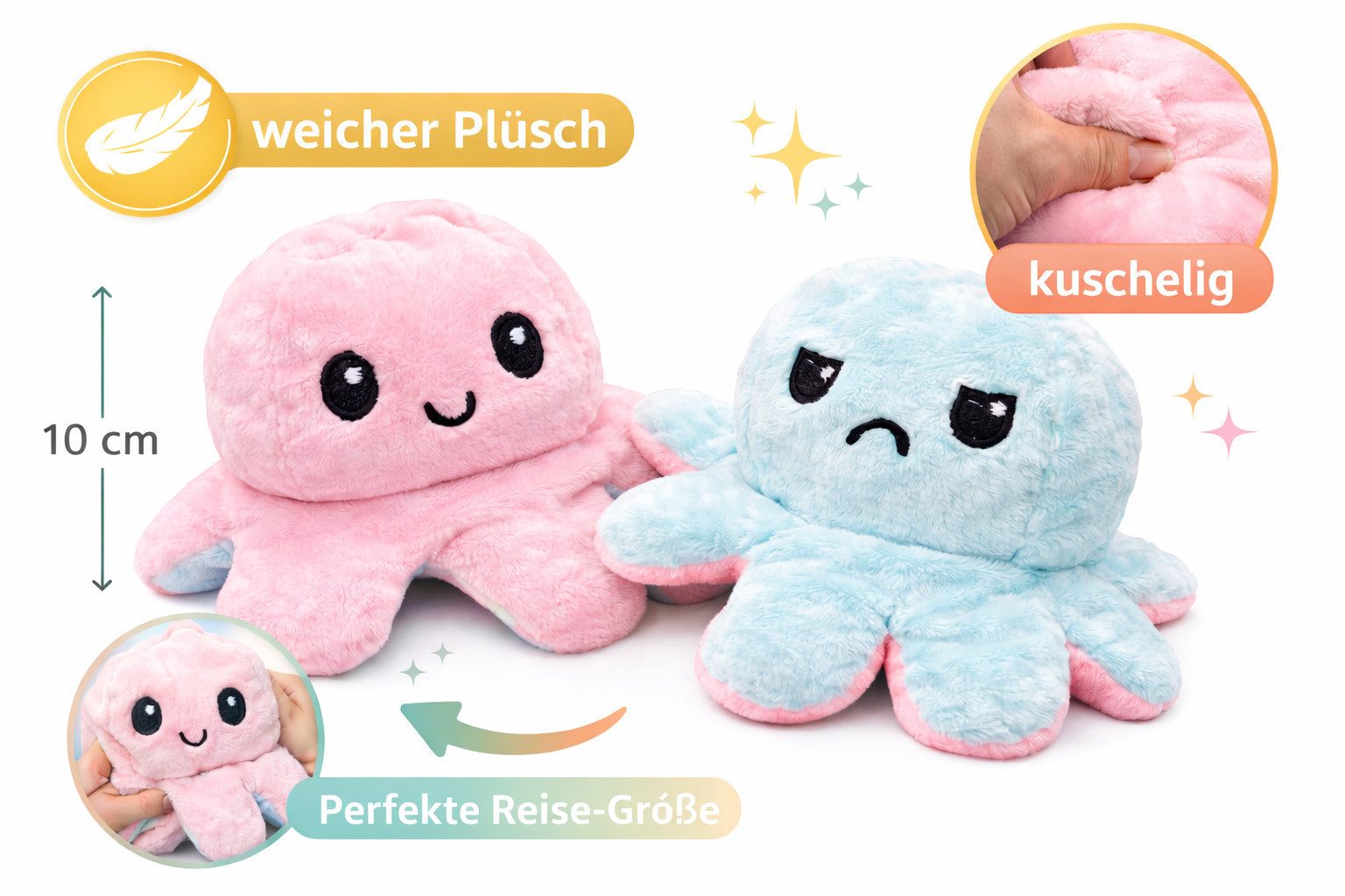 soma Kuscheltier Wendbarer Plüsch Oktopus 20 cm – Mood Kuscheltier Rosa Blau (Set, 1-St., Geschenk-Set), Wendbar mit zwei Emotionen, weich und kompakt für unterwegs