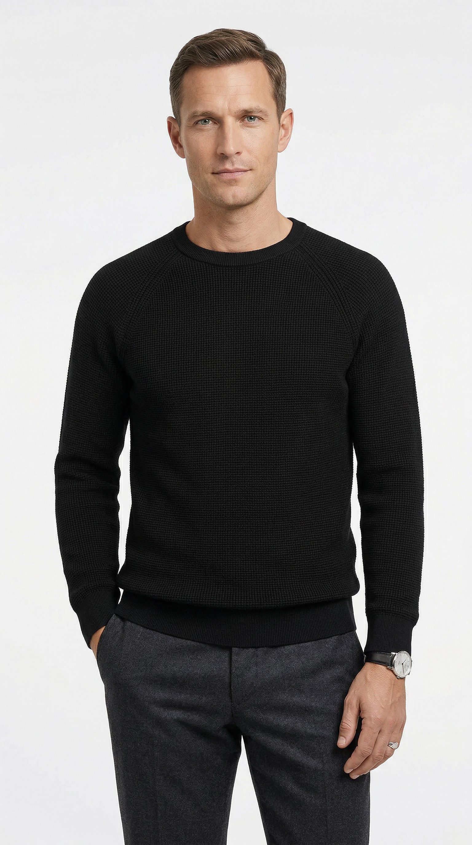 OLYMP Rundhalspullover Waffle Structure Rundhals, casual, unifarben, regular fit