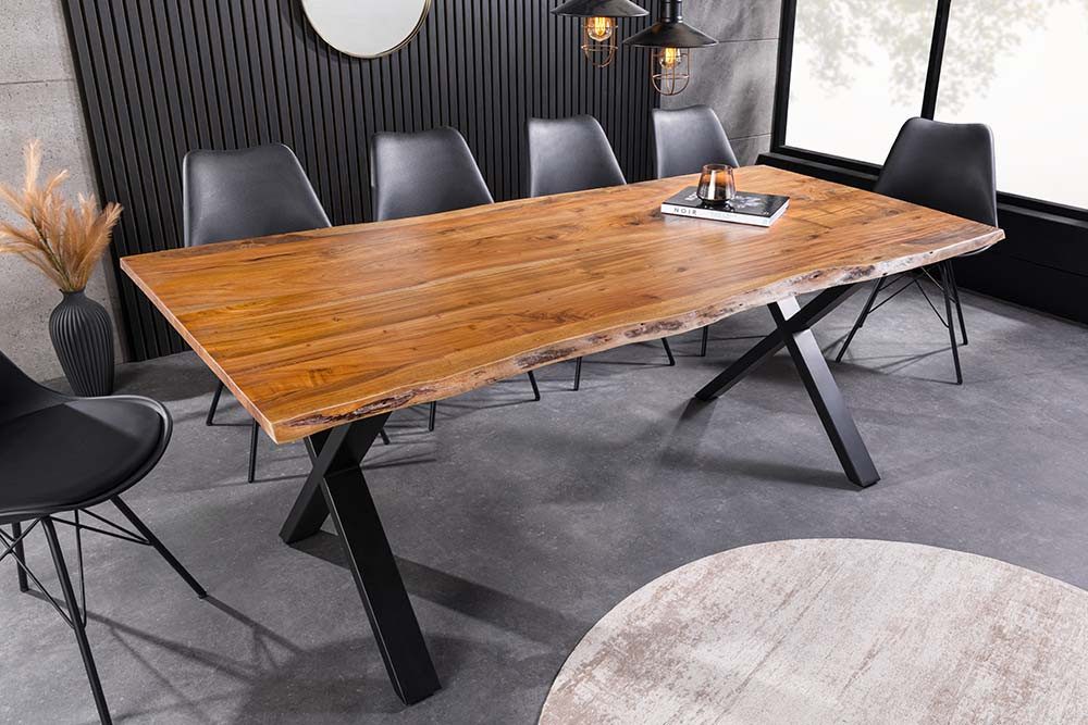 riess-ambiente Esstisch MAMMUT 160cm braun/schwarz - Akazie, Massivholz, X-Gestell, Baumkante (Einzelartikel, 1-St), Industrial Design & bis zu 6 Personen – ideal für Dein Loft-Esszimmer