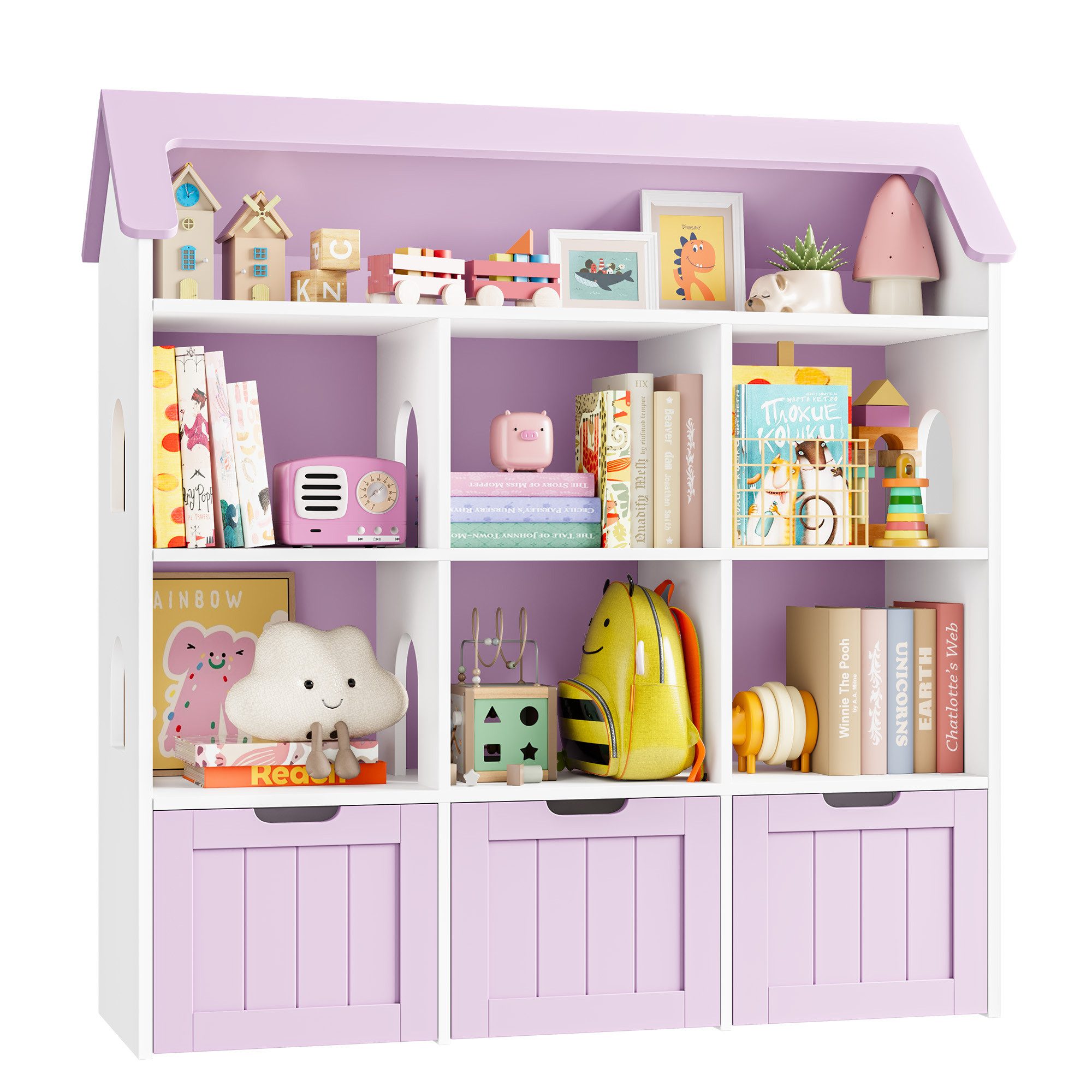 Homfa Kinderregal in Hausform mit 3 Spielzeugkisten auf Rollen, Spielzeugregal mit 7 offenen Fächern Spielzeugtruhe 117x120x30cm weiß