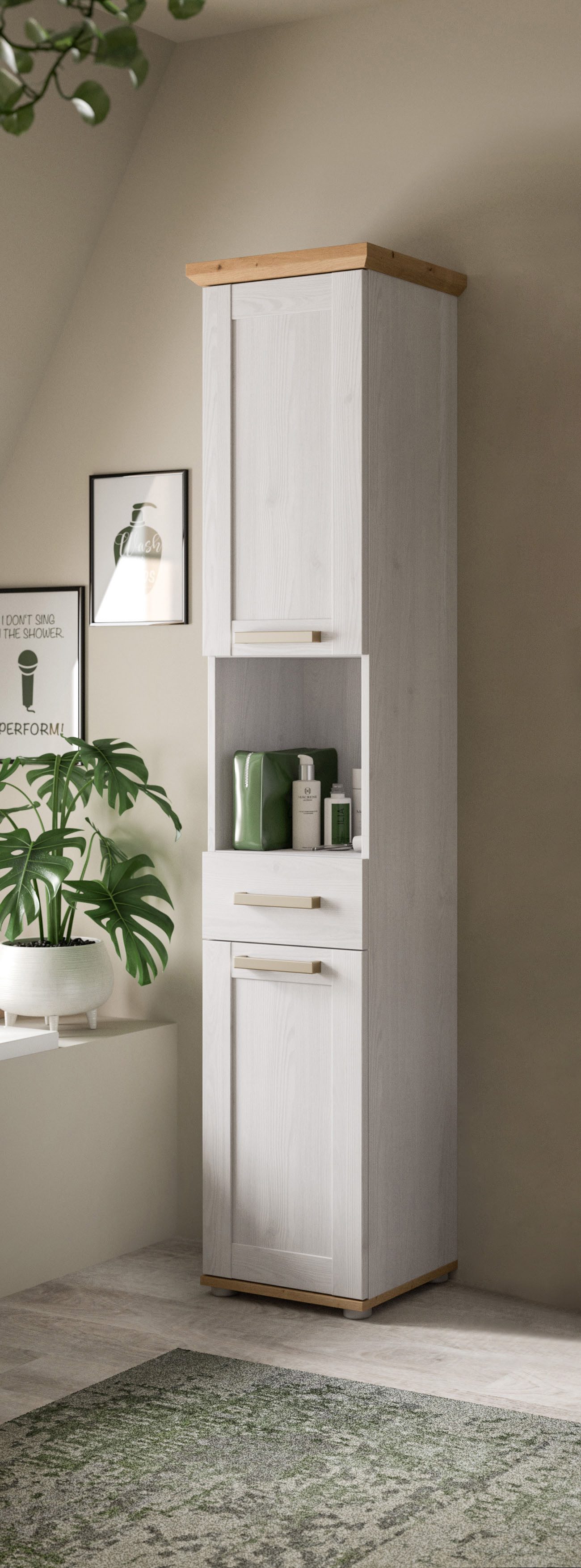 welltime Hochschrank COSENZA, Höhe 187cm, 2 Türen, 1 Schubkasten, 1 offenes Fach (1-St., in Landhausoptik, mit weiteren Artikel der Serie kombinierbar) Hochschrank, Bad, Badezimmerschrank