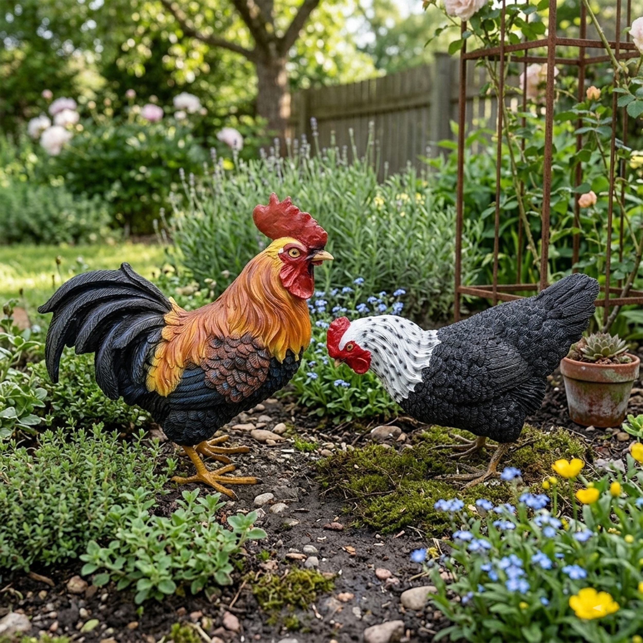 Fachhandel Plus Tierfigur Dekofiguren Hahn & Huhn (2er-Set), Gartenfiguren für Indoor & Outdoor (2x stehend), einzigartige Farbgebung – Bild 2 von 5
