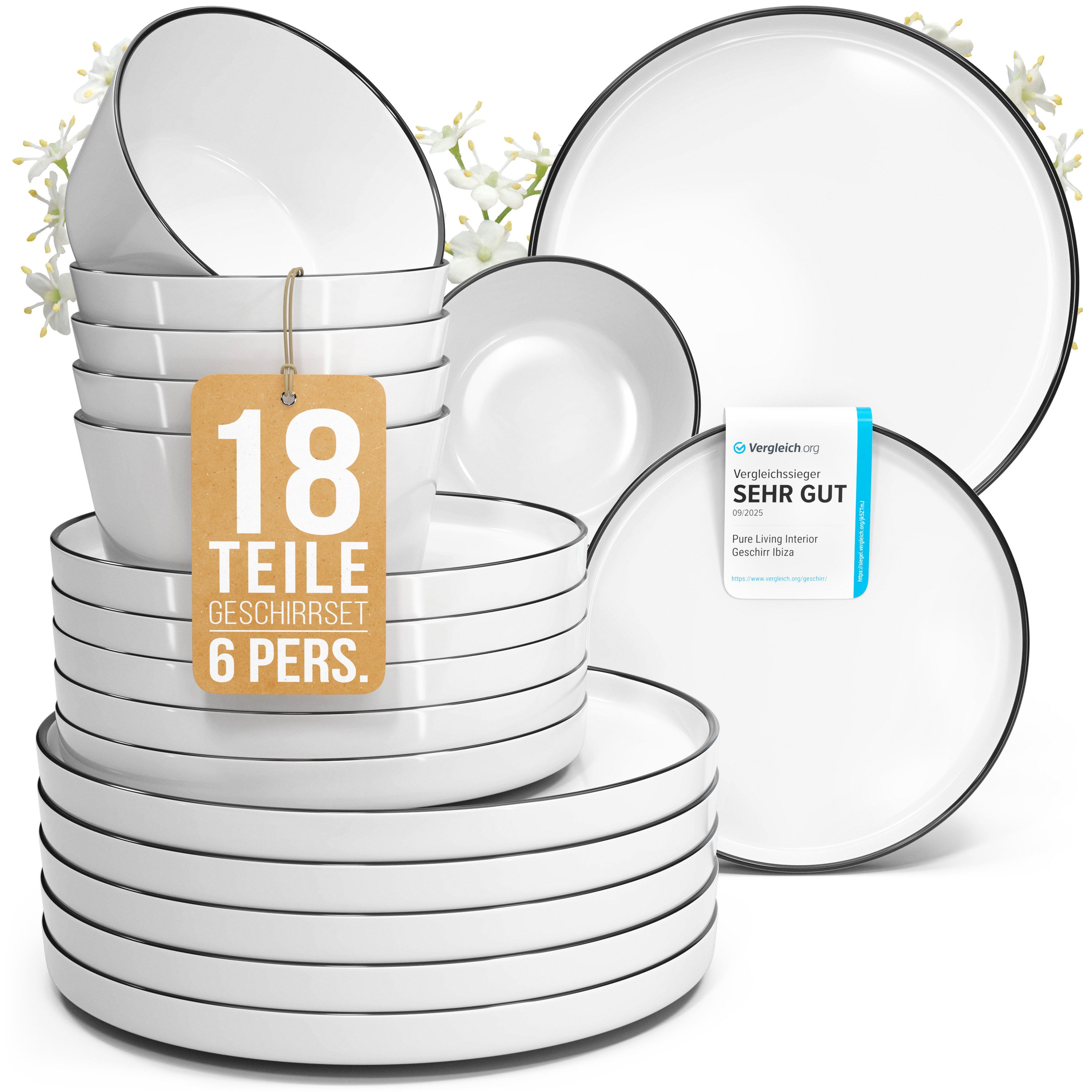PURE LIVING INTERIOR DESIGN Geschirr-Set Scandi aus Porzellan, 18-tlg., für 6 Personen, Weiß - Schwarzer Rand (18-tlg), 6 Personen, Porzellan