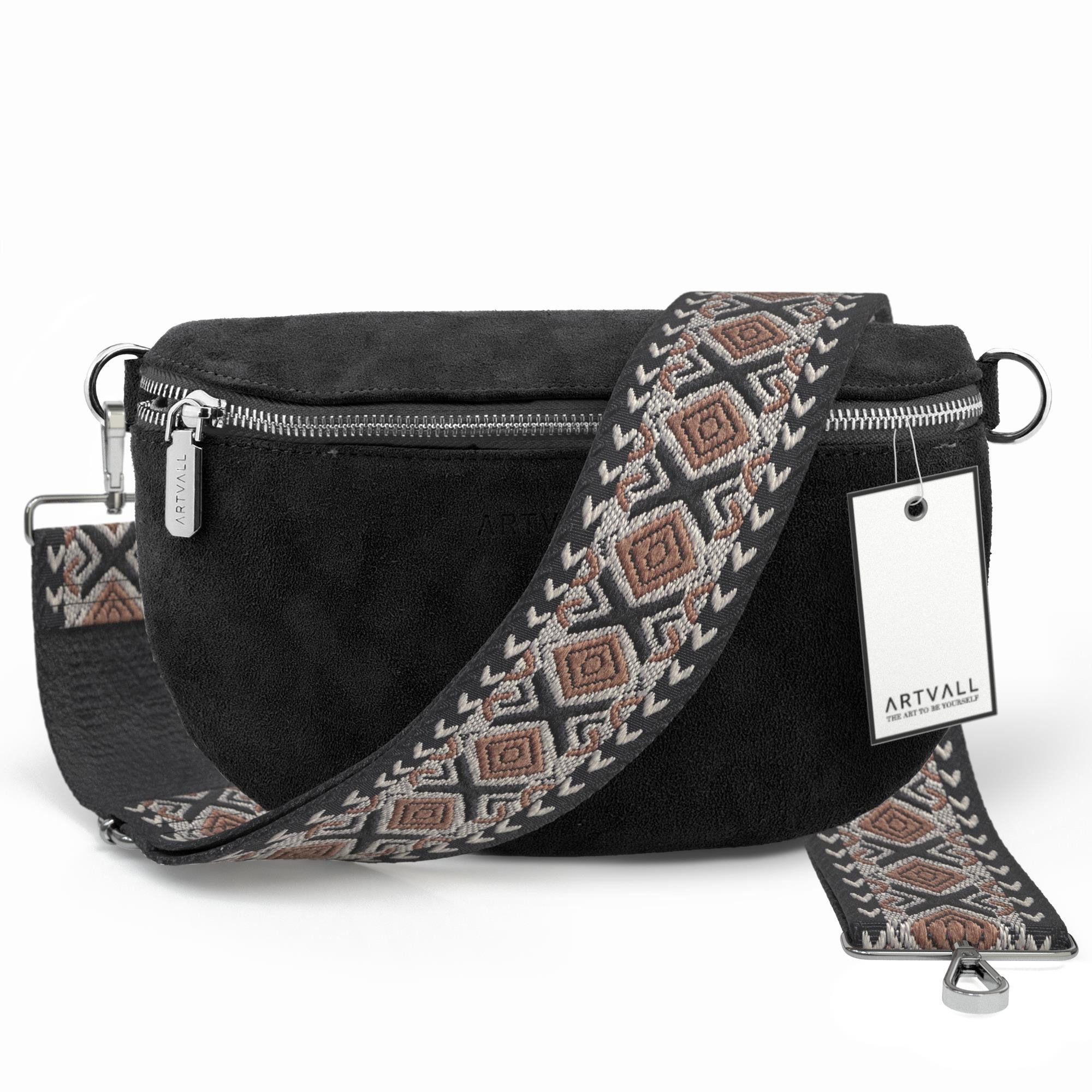 ARTVALL Umhängetasche Wildleder Handtasche Damen Brusttasche Schwarz (Tasche inkl. Taschenband), Bauchtasche Wildleder Klein mit Schultergurt abnehmbar Crossbody Bag