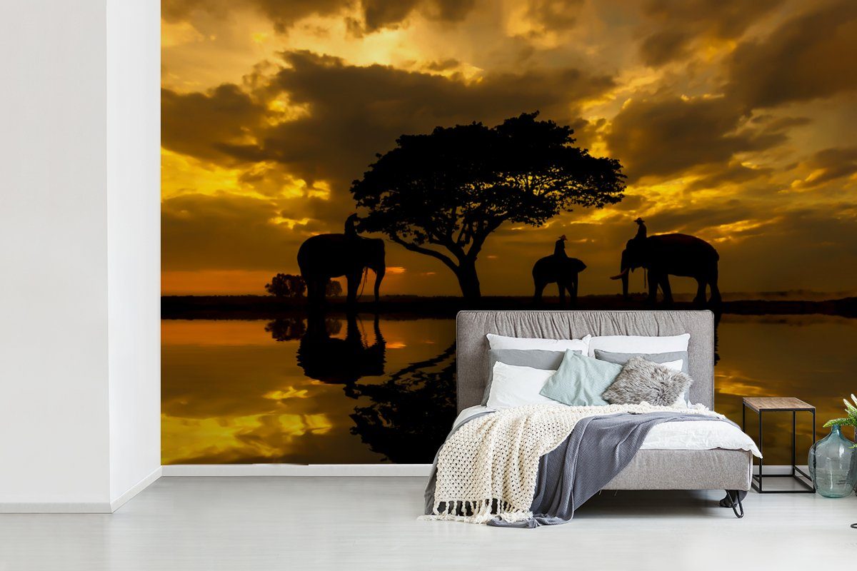 Tapete thailändischen bedruckt, Sonnenaufgang, Elefanten (6 für St), Fototapete Wallpaper bei der Schlafzimmer, Matt, Wohnzimmer, Silhouette MuchoWow Kinderzimmer, Vinyl