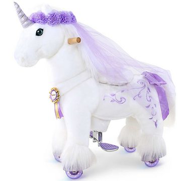 PonyCycle Reitpferd PonyCycle® Offizieller Shop Prämie Modell K Reiten Sie auf Einhorn Spielzeug Plüsch Wandertier - Einhorn mit lila Horn, Kleine Größe für 3-5 Jahre, Einschließlich Zubehör, K31