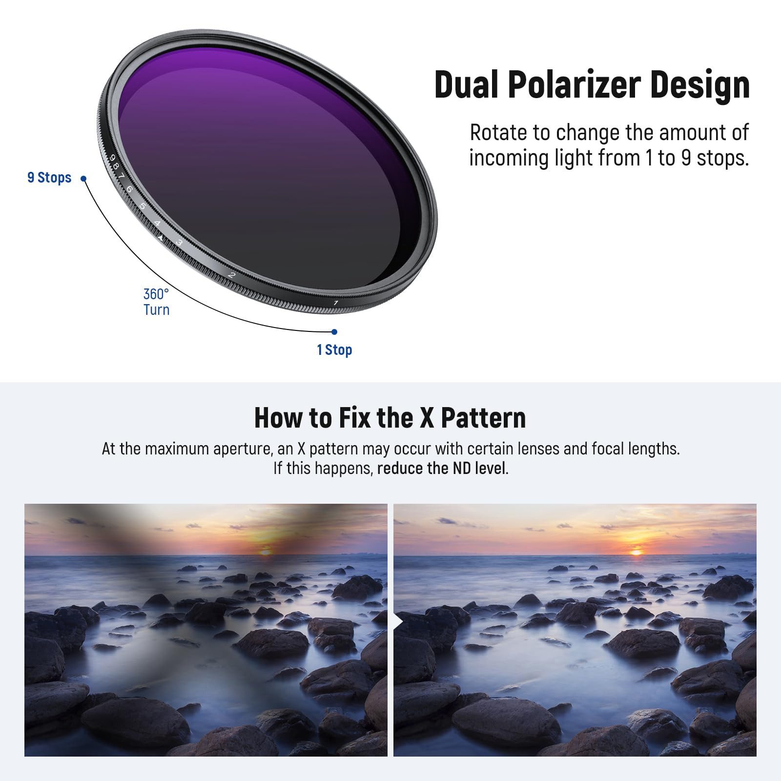 Neewer NW SERIES A 82mm Variabler ND Filter ND2-400 (1-9 Stop), Einstellbarer Foto-Filter-Sets (drehbarer Graufilter, Reinigungstuch, für Belichtungsausgleich) – Bild 4 von 5