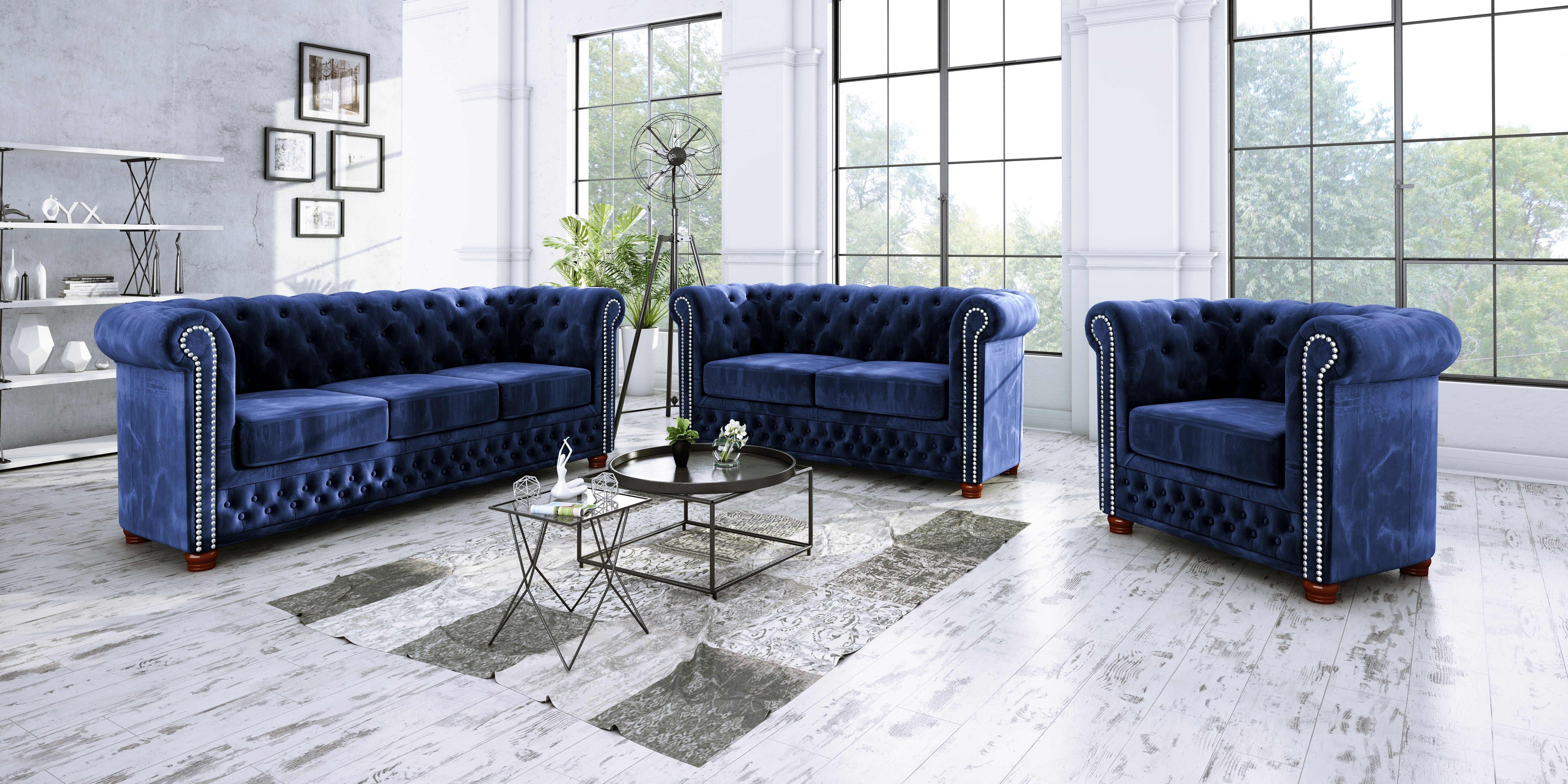 3-Sitzer-Sofa, Möbel 3+2+1, 1x mit S-Style Marineblau Wellenfederung Chesterfield Leeds 1x (1x 2-Sitzer-Sofa, Polstergarnitur Sessel),