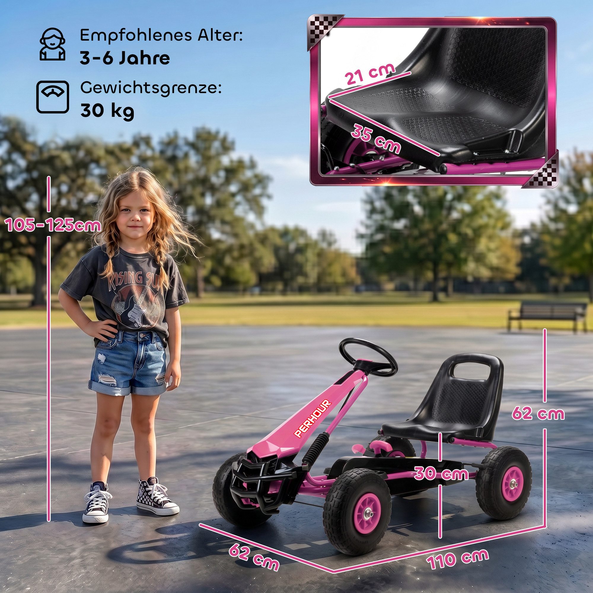 AIYAPLAY Go-Kart Tretauto mit Handbremse, verstellbarem Sitz, Pedalantrieb, für Kinder 3-8 Jahren, Rosa