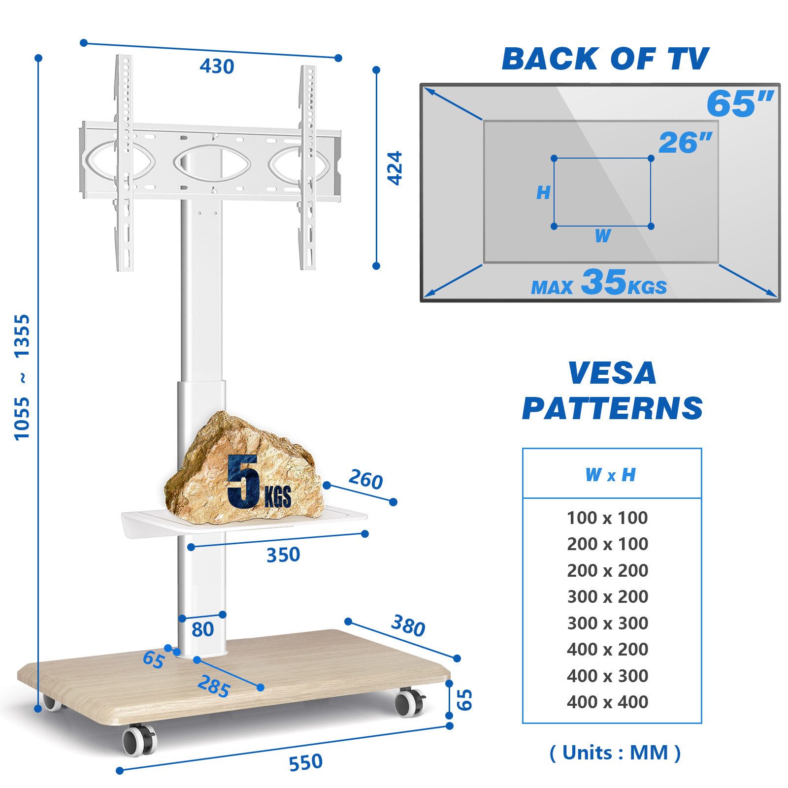 Rfiver TV-Ständer Rollbar TV Wagen auf Rollen für 26-65 Zoll Fernseher, Fernsehständer, (bis 65 Zoll, 1-tlg., drehbarer TV-Ständer​, TV Standfuß, höhenverstellbar Neigbar Max. 35 KG VESA 400x400 mm)