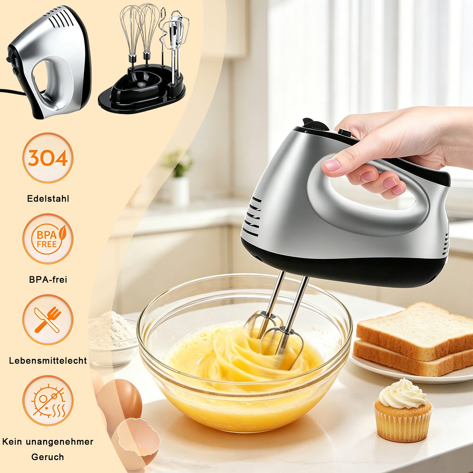 AKKEE Handmixer Elektrisch 300W mit 5 Geschwindigkeiten & Turbinenfunktion Inkl., 300 W, 2 Quirlen, 2 Knethaken