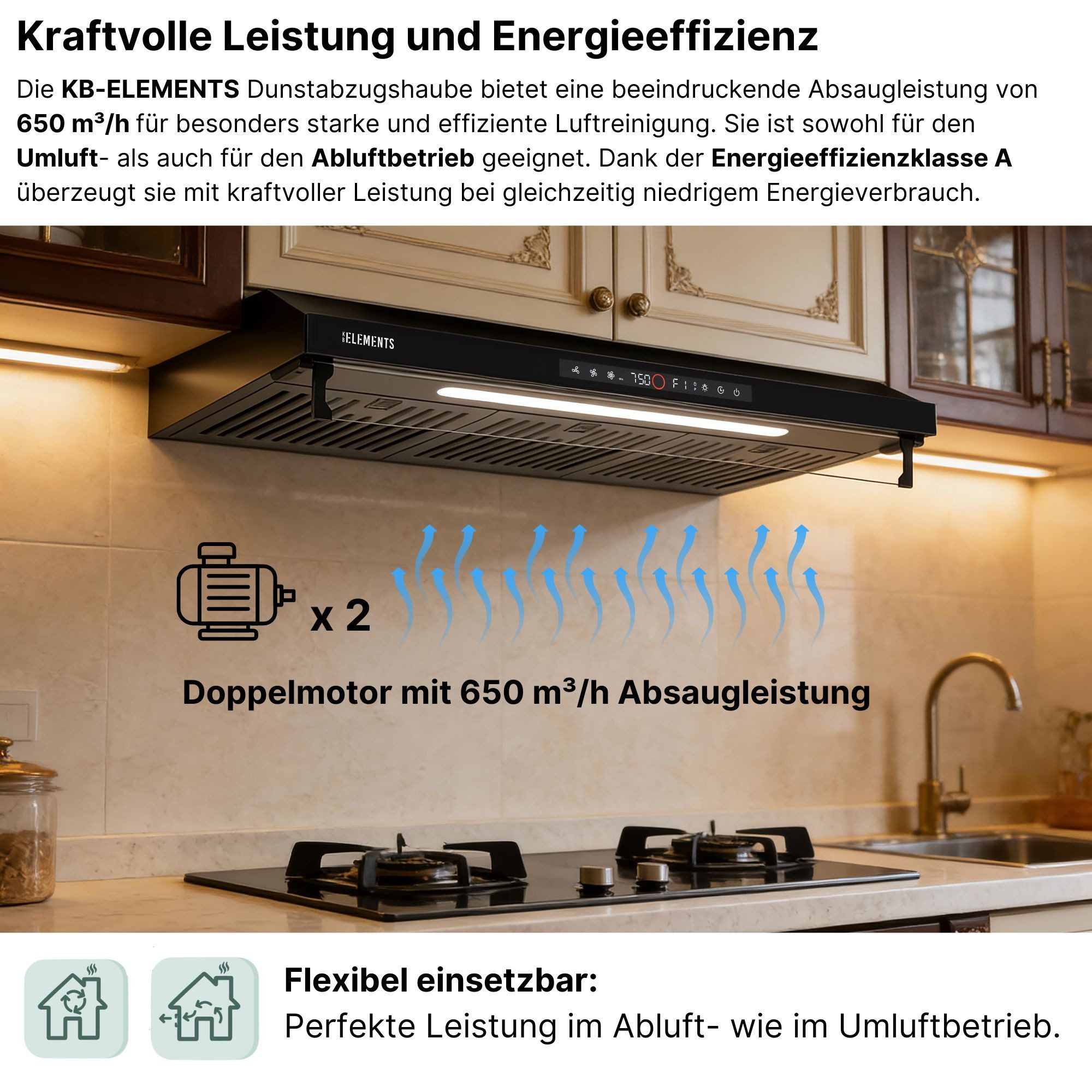 KB Elements Unterbauhaube Doppelter motor 2 x 80 Watt, 650 m³/h Absaugleistung Doppelter motor 2 x 80 Watt, 650 m³/h Absaugleistung, Doppelter motor, Touch / Gestensteuerung