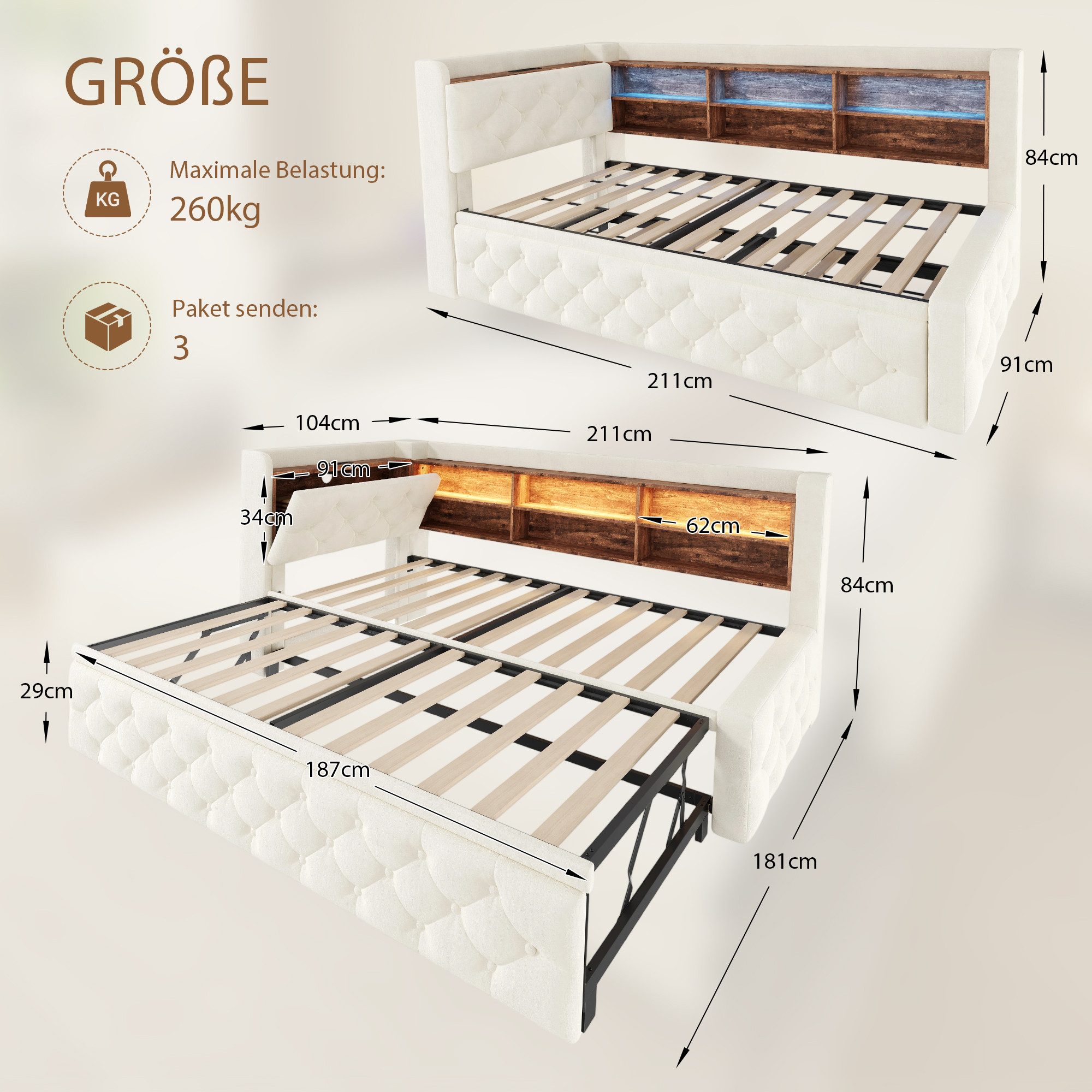 Celya Polsterbett 90x190 cm Schlafsofa Bettgestell ausziehbar, mit Stauraum (ohne Matratze, mit Ablagefläche, LED Licht, USB und Type-C) – Bild 2 von 5
