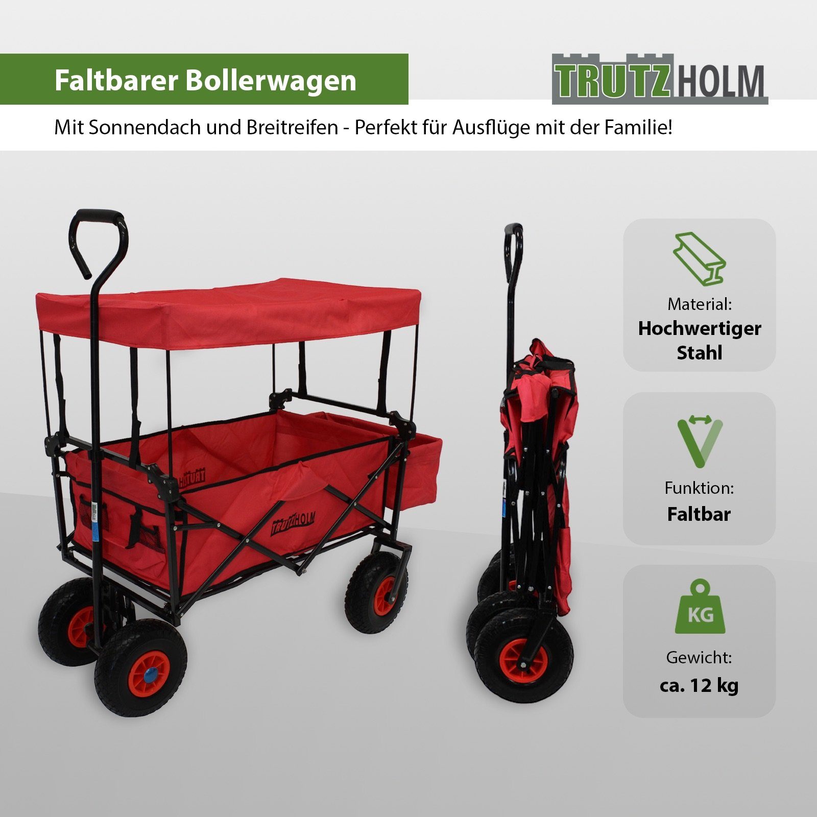 TRUTZHOLM Bollerwagen Bollerwagen faltbar mit Dach, PU-Rädern, Hecktasche und Teleskopgriff | Bollerwagen