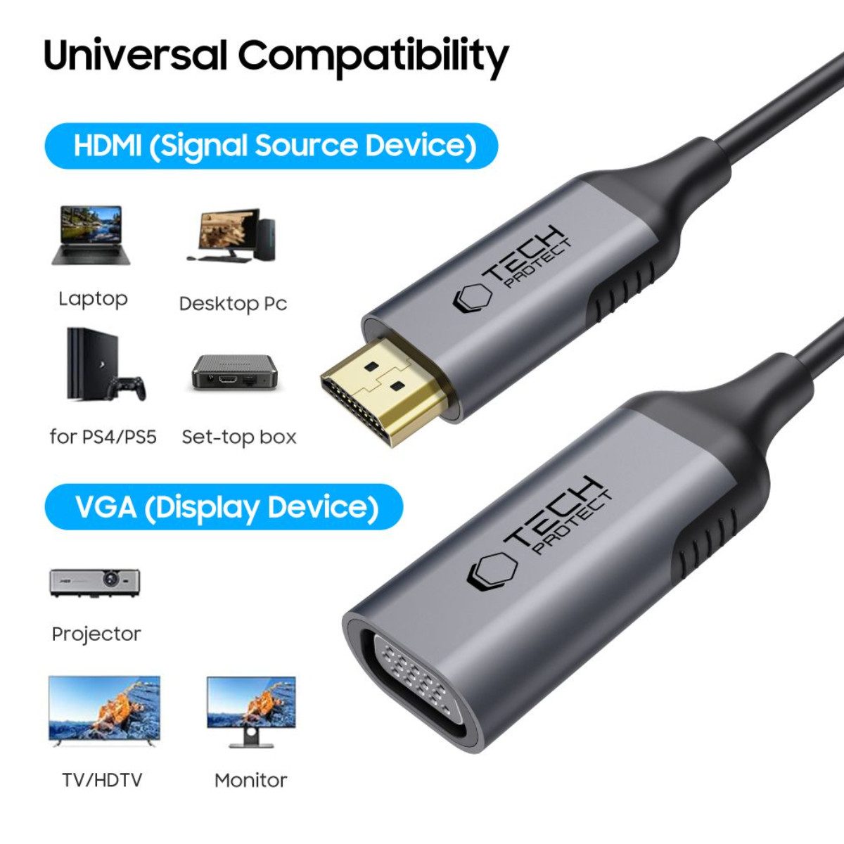 TECH PROTECT UltraBoost HDMI-Adapter HDMI zu VGA, HDMI, HDMI-zu-VGA Adapter Full HD 60 Hz