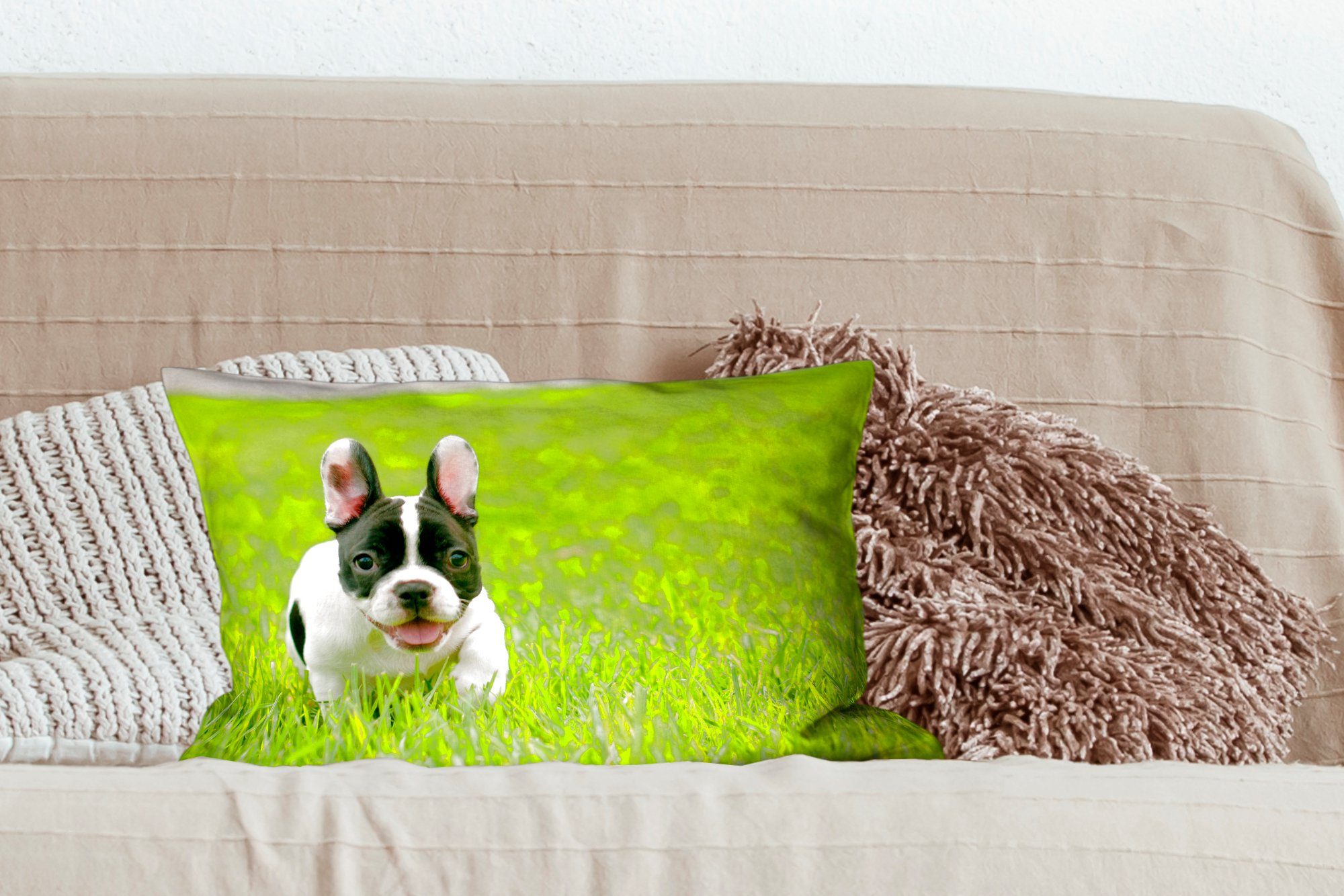 MuchoWow Dekokissen Französische Bulldogge Gras, Dekoration, Füllung, - Wohzimmer Zierkissen, Welpe Dekokissen - Schlafzimmer mit