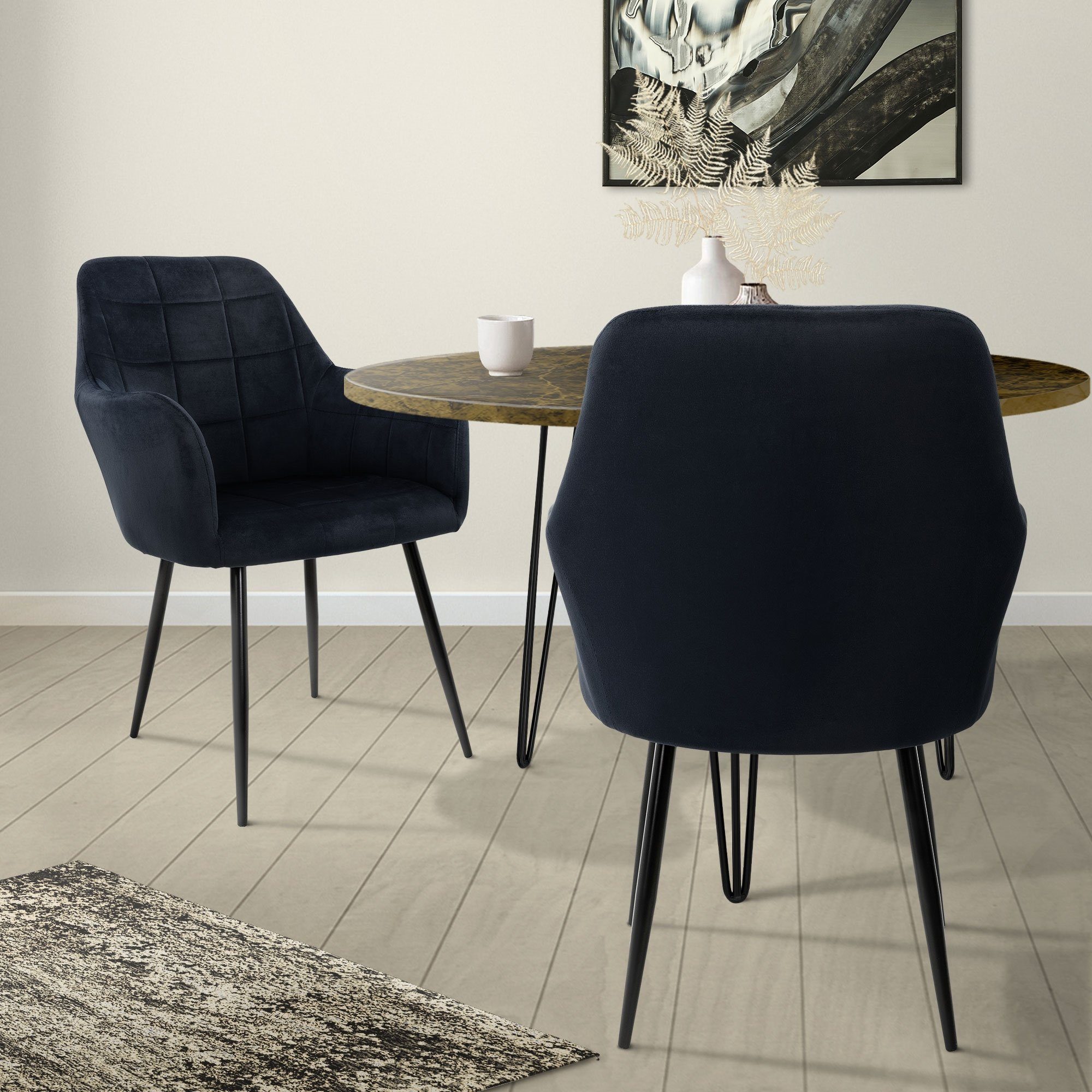 ML-DESIGN Stuhl Esszimmerstühle mit Rücken und Armlehnen aus Ergonomische Stühle (2 St), 2er Set Küchenstühle Schwarz 58x60x84cm aus Samt mit Metallbeine