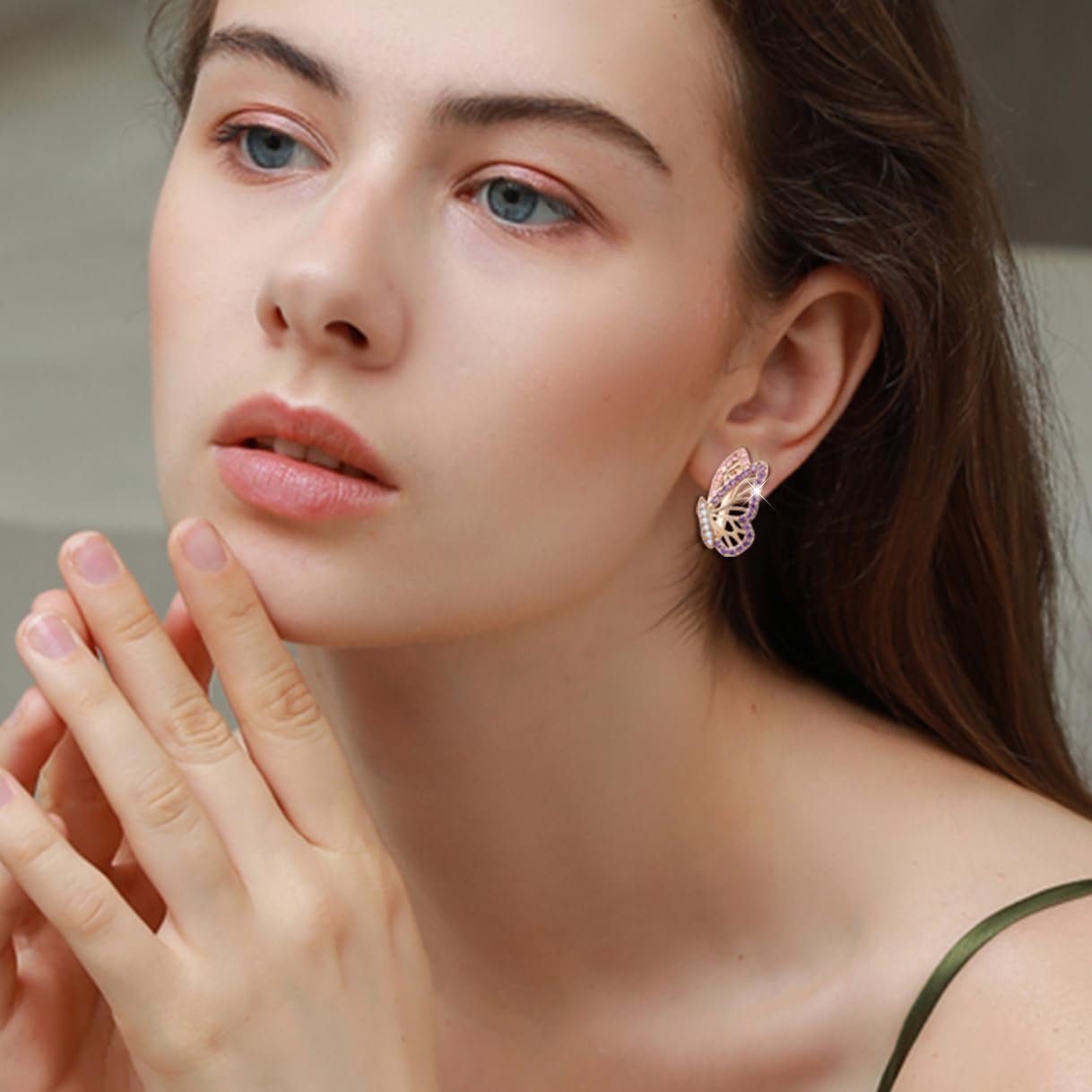 Gold 18K Diamant POCHUMIDUU Paar Ohrhänger ROSEGOLD Pop Schmetterling Rosa Ohrringe, Mode