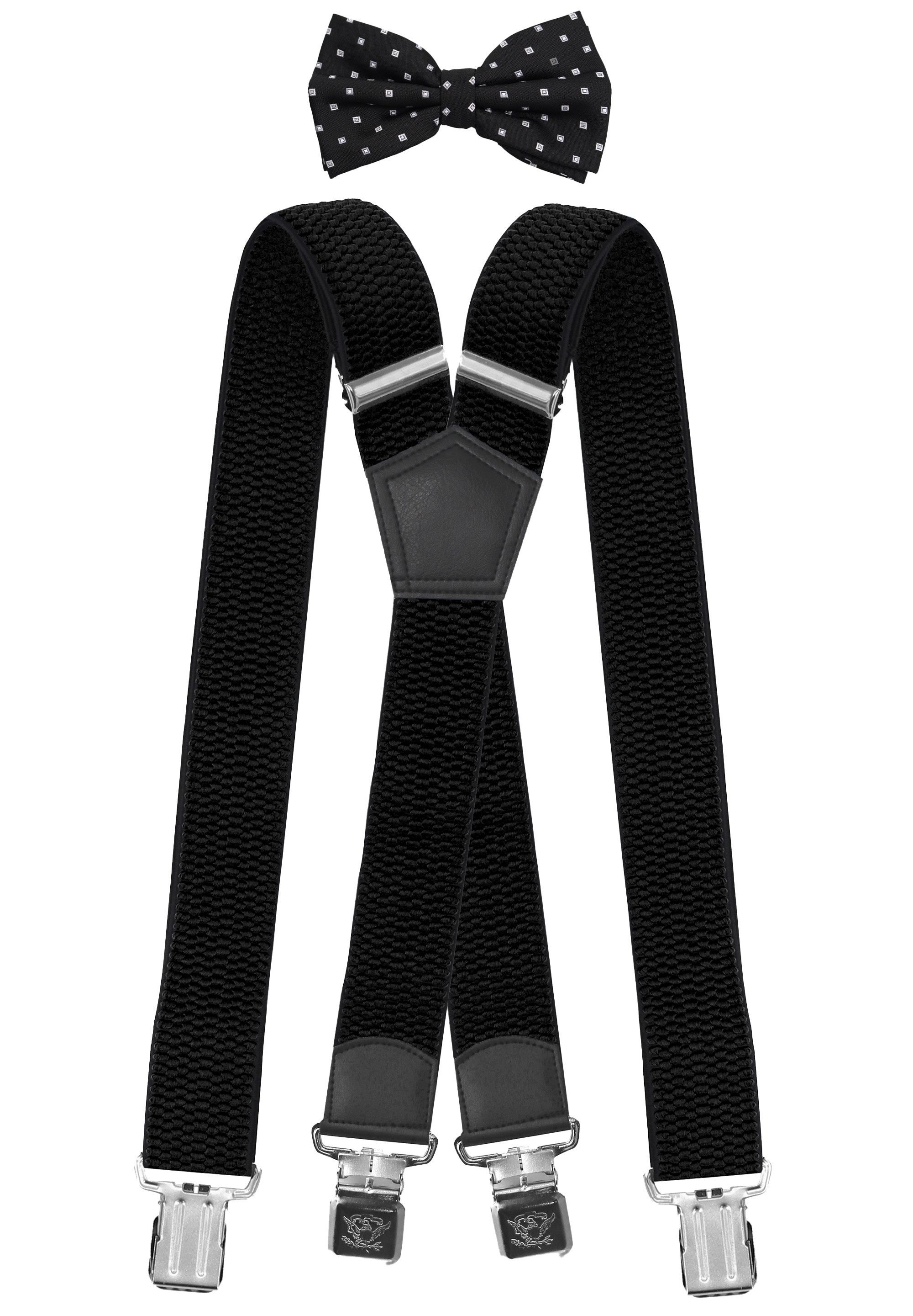 Fabio Farini Подтяжки Herren Подтяжки Pack 4cm X-Form mit passender Fliege Set Schwarz 4cm Подтяжки - Schwarz/Weiß/Silber Gepunktete Fliege