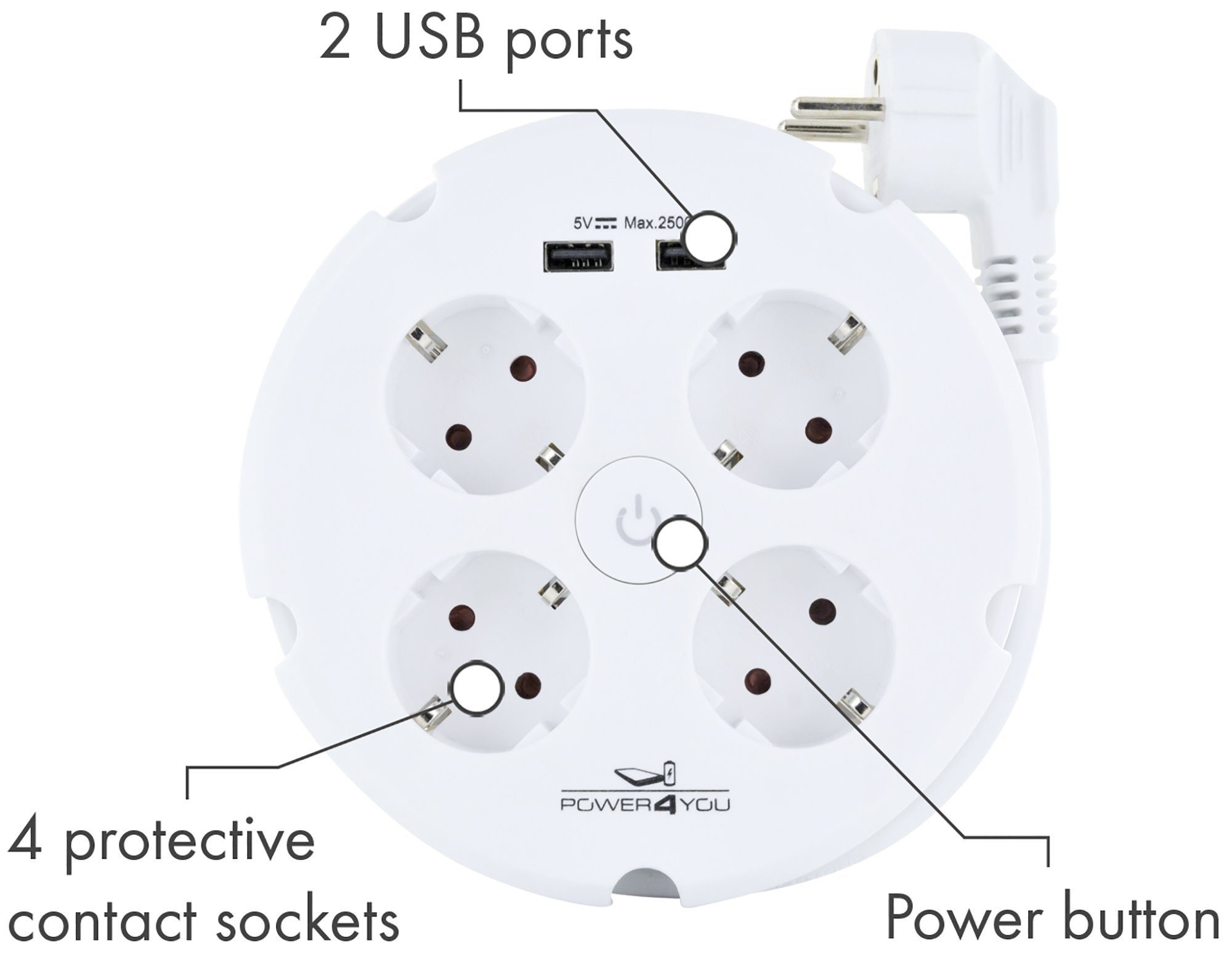 Schwaiger 661538 USB Kurzschlussschutz, 2 m), 1.5 (4 6-fach Steckdosen, Mehrfachsteckdose mit Kabellänge Überladeschutz, Aufrollvorrichtung Buchsen