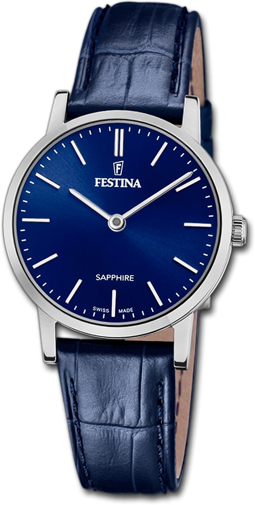 Festina Quarzuhr Festina Damenuhr Swiss Made Armbanduhr, (Analoguhr), Damenuhr Lederarmband blau, rund, klein (ca. 29mm)