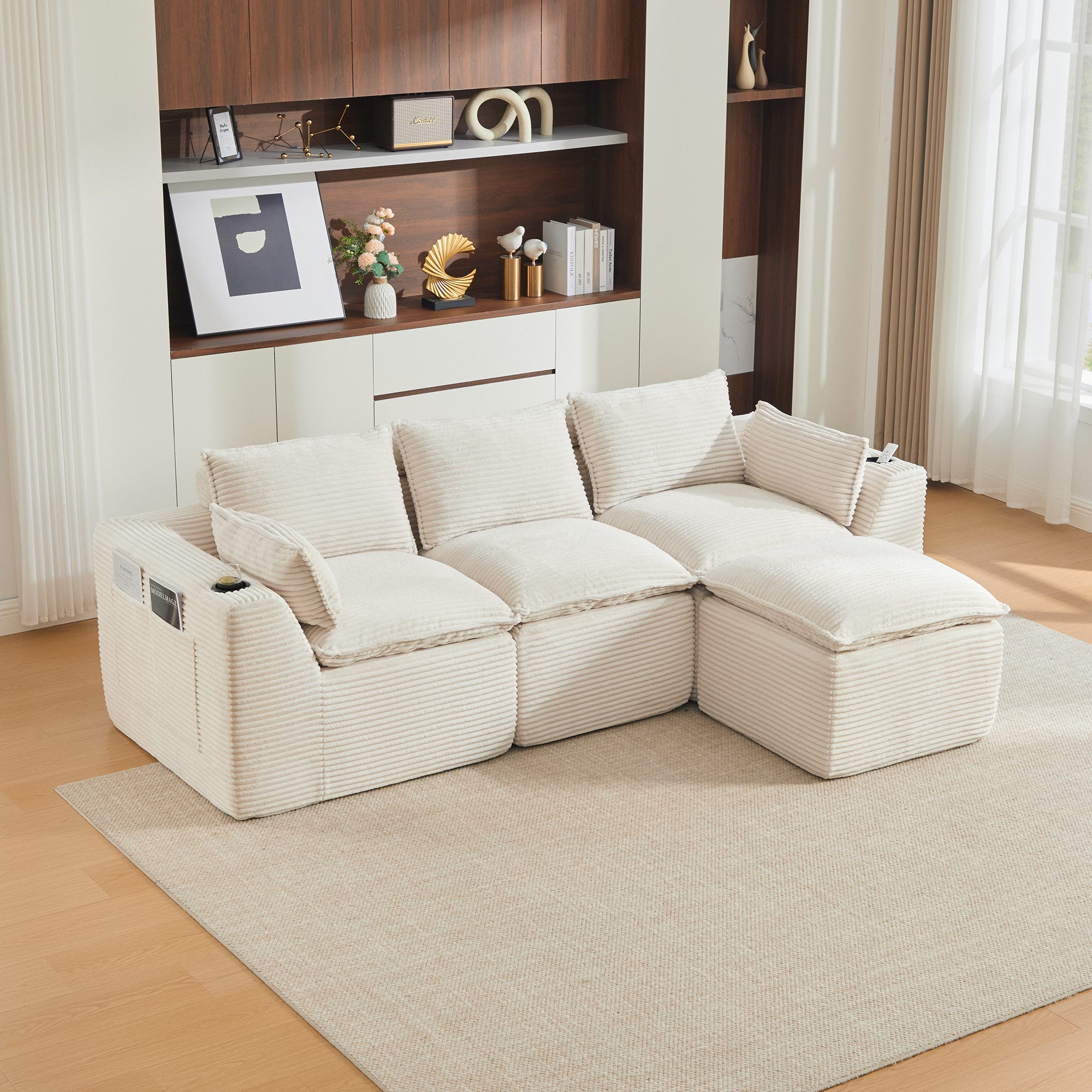 REDOM Sofa 3-Sitzer-Ecksofa aus Cord mit Fußhocker, mit Getränkehalter, 2 Seitentaschen & Kissen, Schaumstoff- & Federkernpolsterung, Loungesofa