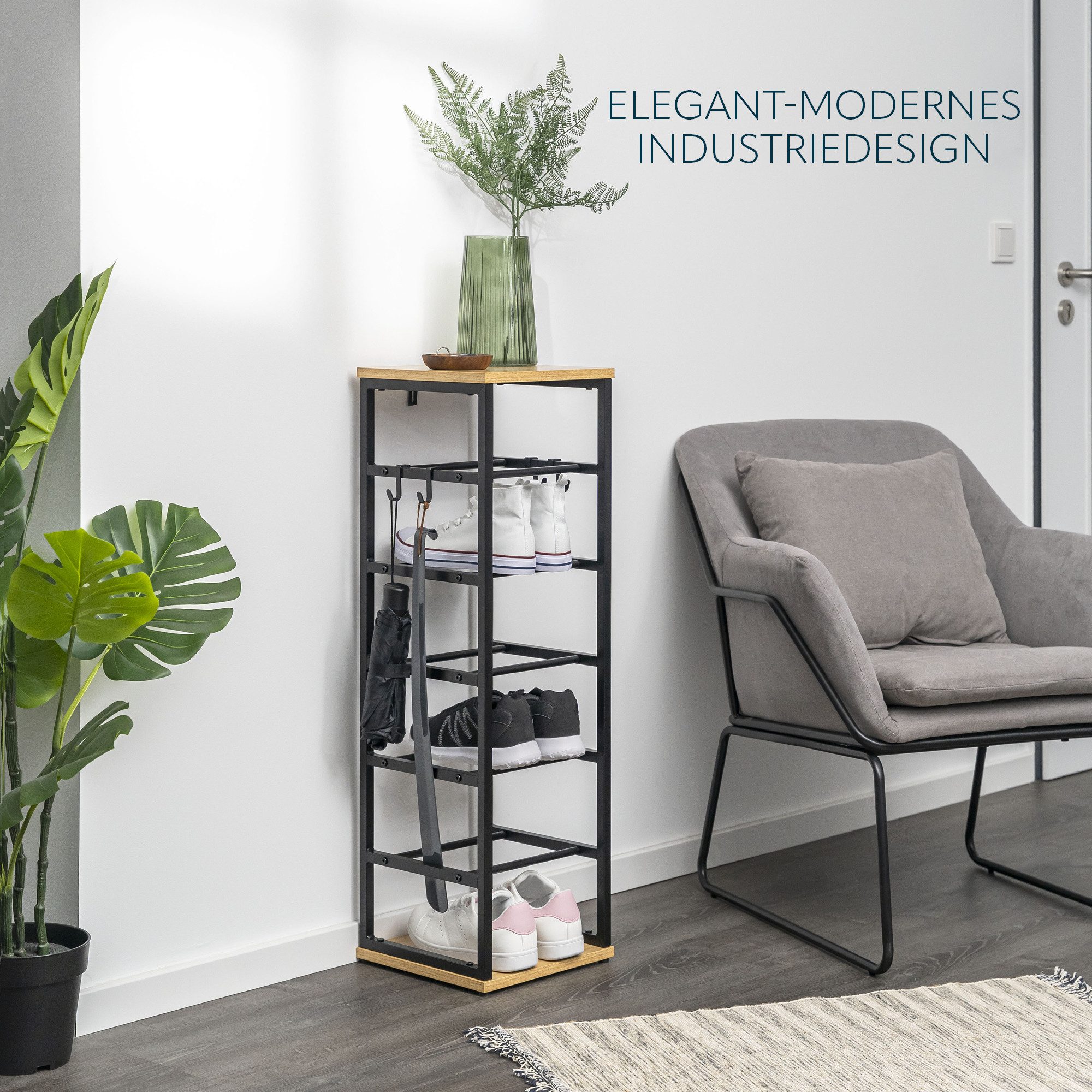 eluno Schuhregal für max. 6 Paar Schuhe, 2 Holzablagen, 4 Haken – Bild 2 von 5
