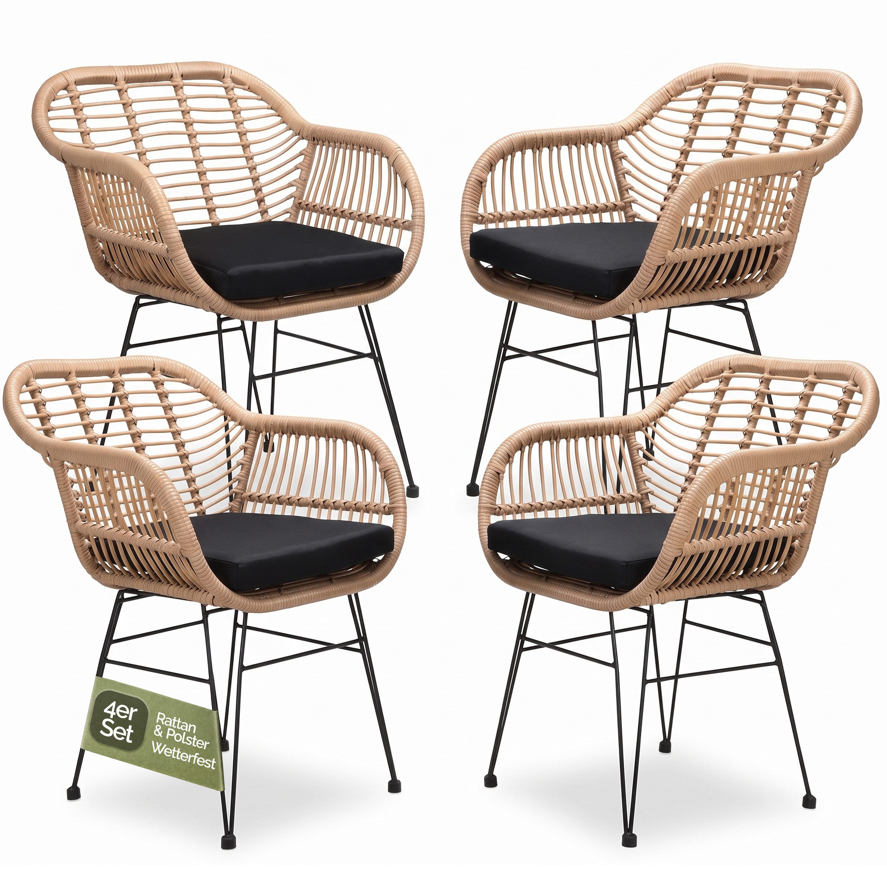 Casaria Gartenstuhl Bali (4 St), Set inkl. 5cm Auflagen Polyrattan Wetterfest Gartensessel Outdoor