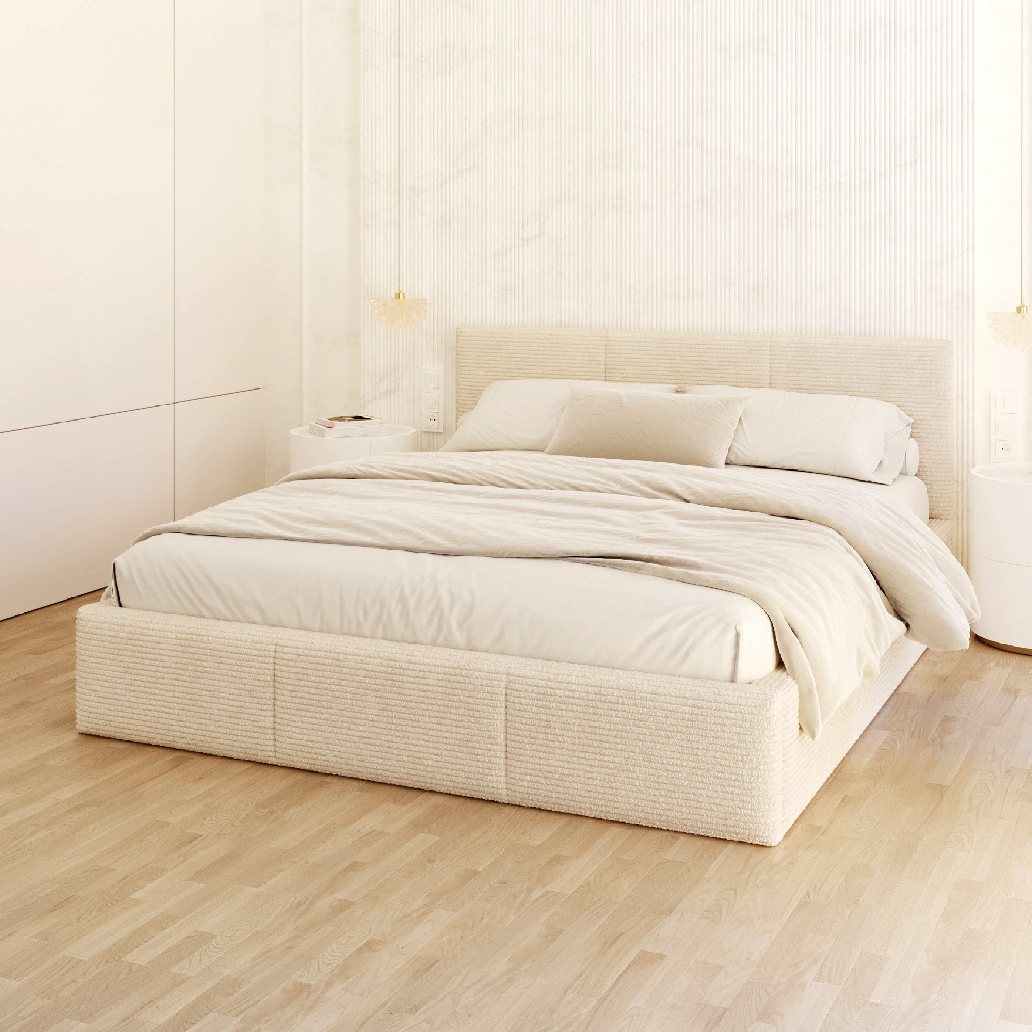 FDM Polsterbett AMBER modern mit Bettkasten MADE IN EU - mit Cord Bezug (verfügbar 90x200 120x200 140x200 160x200 180x200cm, Bettrahmen, Bett, mit großen gepolsterten Kopfteil, mit Bettkasten zum aufklappen), Hebbarer Metallrahmen, Bettkasten, mit/ohne Matratze