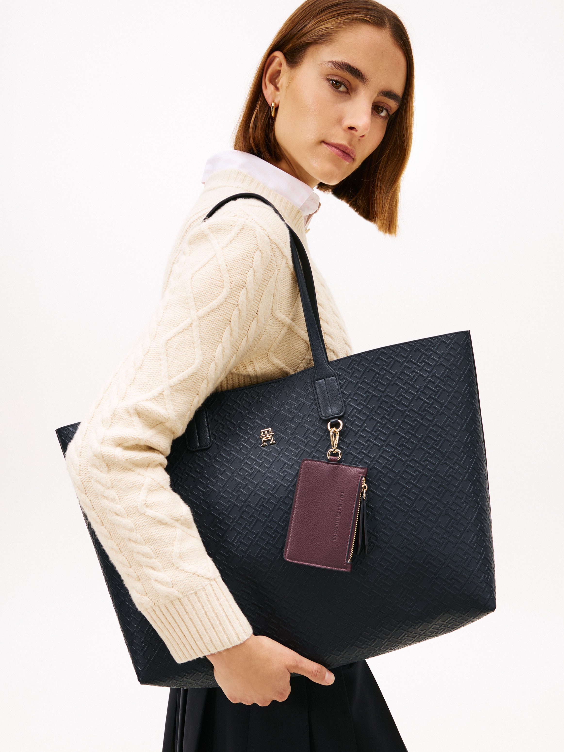 Tommy Hilfiger Tragetasche TH ICON TOTE MONO (3-tlg., Herausnehmbare RV-Innentasche und RV-Außentäschchen), Damen Schultertasche, Businesstasche mit doppeltem Tragegriff