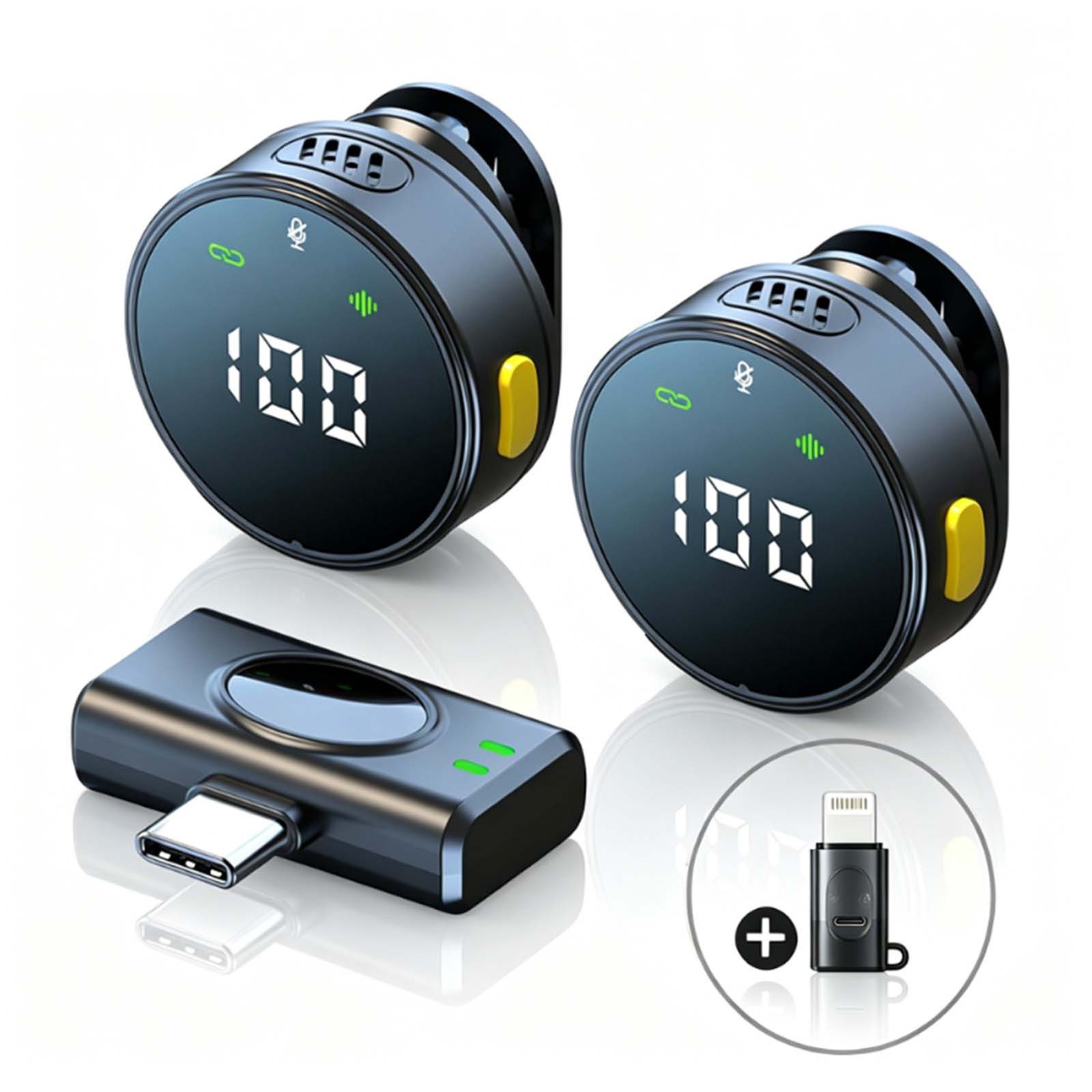 MOPUEA Mikrofon Kabelloses Lavalier Mikrofon Set mit Display & USB-C Empfänger (Mikrofon-Set), DSP-Rauschreduzierung, Display, Plug & Play, 2 Mikrofone