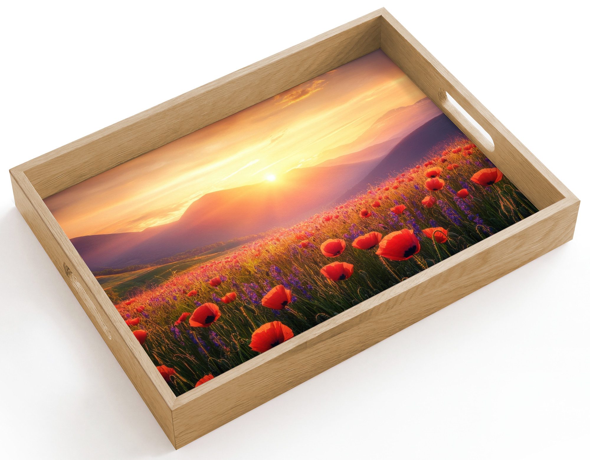 OnlyWow Tablett Rechteckig mit Henkel Landschaft - Sonnenuntergang - Blumenfeld, Eichenholz, (1-tlg), Siervierplatte, Tray, Frühstücksbrett