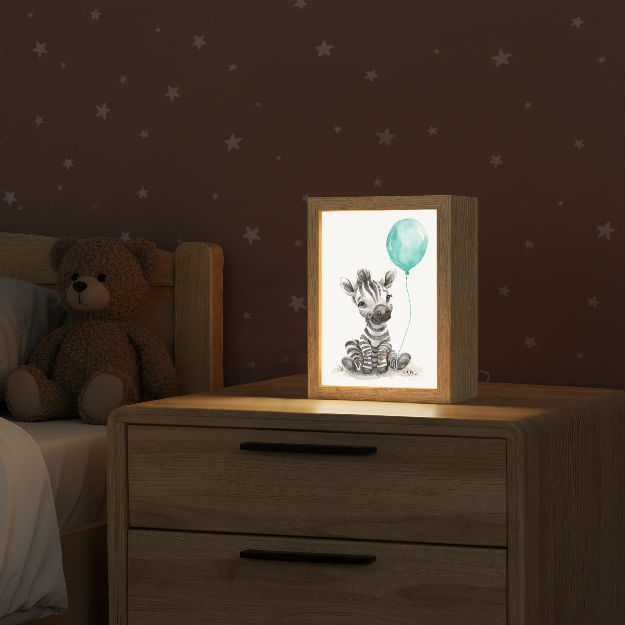 OnlyWow Nachttischlampe Lightbox Zebra - Babytier - Blauer Ballon - Jungen, Dimmbar, Farbwechsel, LED, Warmweiß, Kaltweiß, Neutralweiß Einstellbar, Kinderzimmer, Babyzimmer, Dimmbar, mit Kabel, Nachtlampe, LED