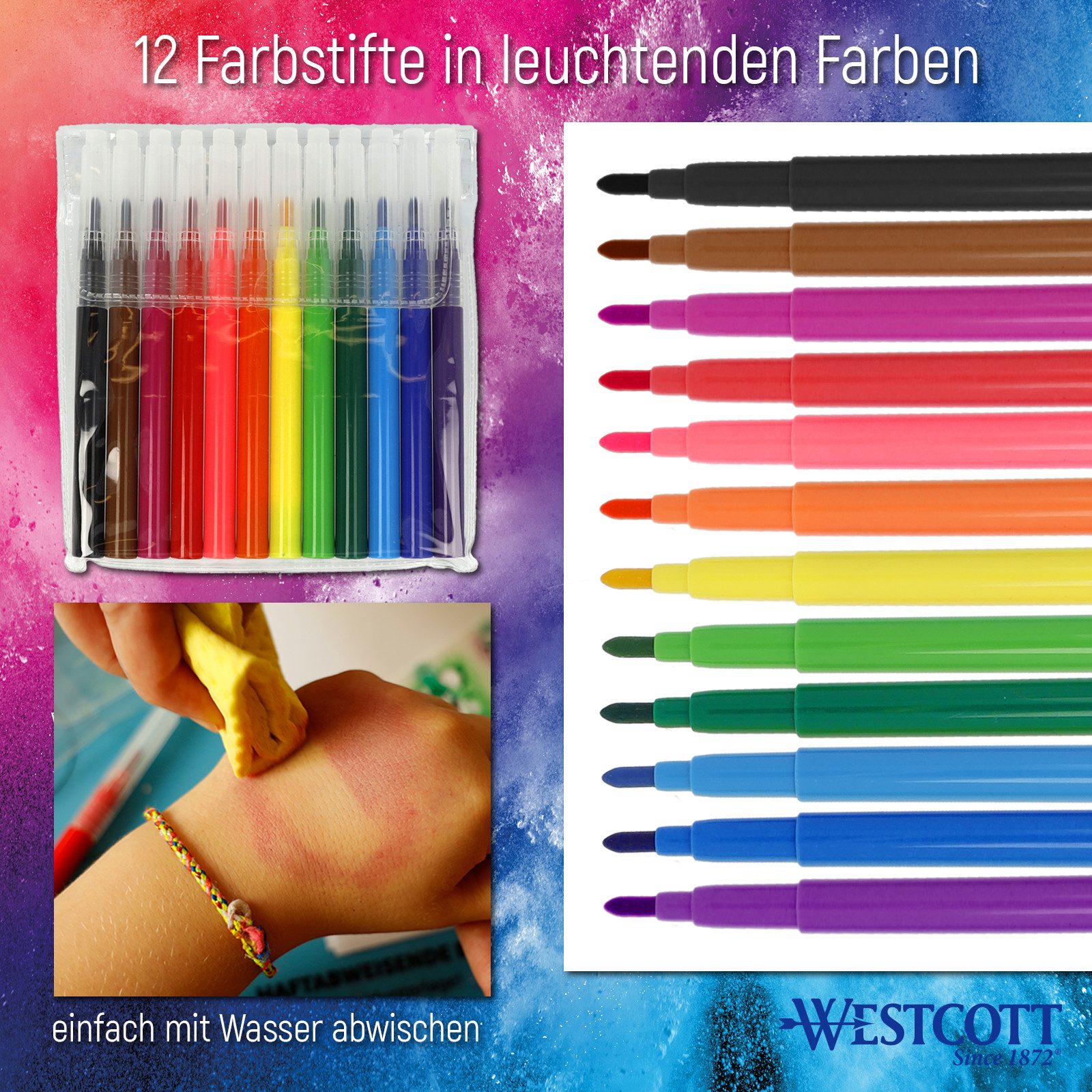 WESTCOTT Airbrushpistole Airbrush Set Kinder, Elektr. Farbsprühstift mit 12 Filzstiften, USB, inklusive 19 Schablonen