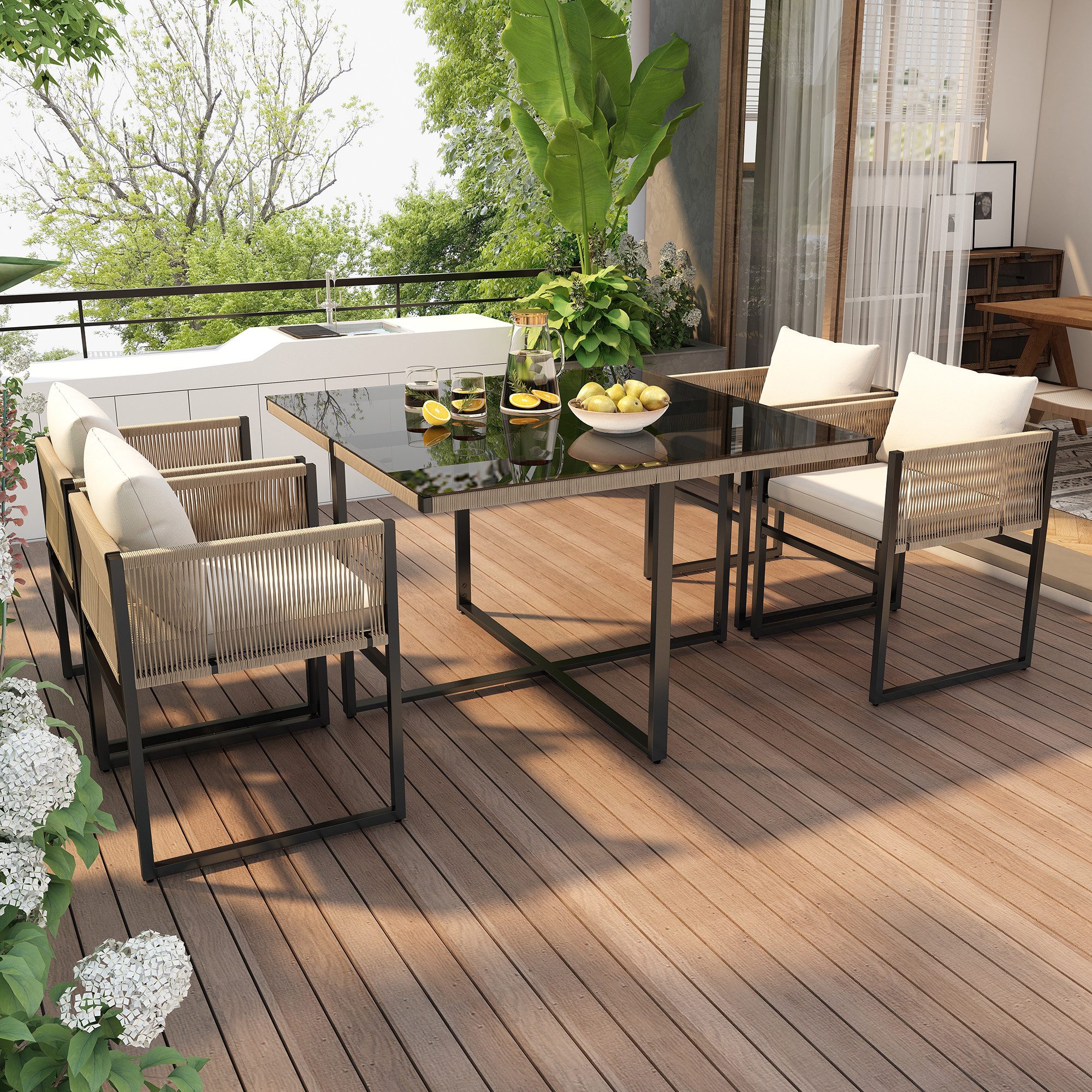 Celya Garten-Essgruppe Essgruppe Garten 4 Personen, Gartenmöbel Set mit Esstisch, (Feines Seil, Eisen, Tischplatte aus 5mm starkem Sicherheitsglas, Gartengarnitur, 5-tlg, Sitzgarnitur), mit 1 Esstisch, 4 stapelbaren Stühlen