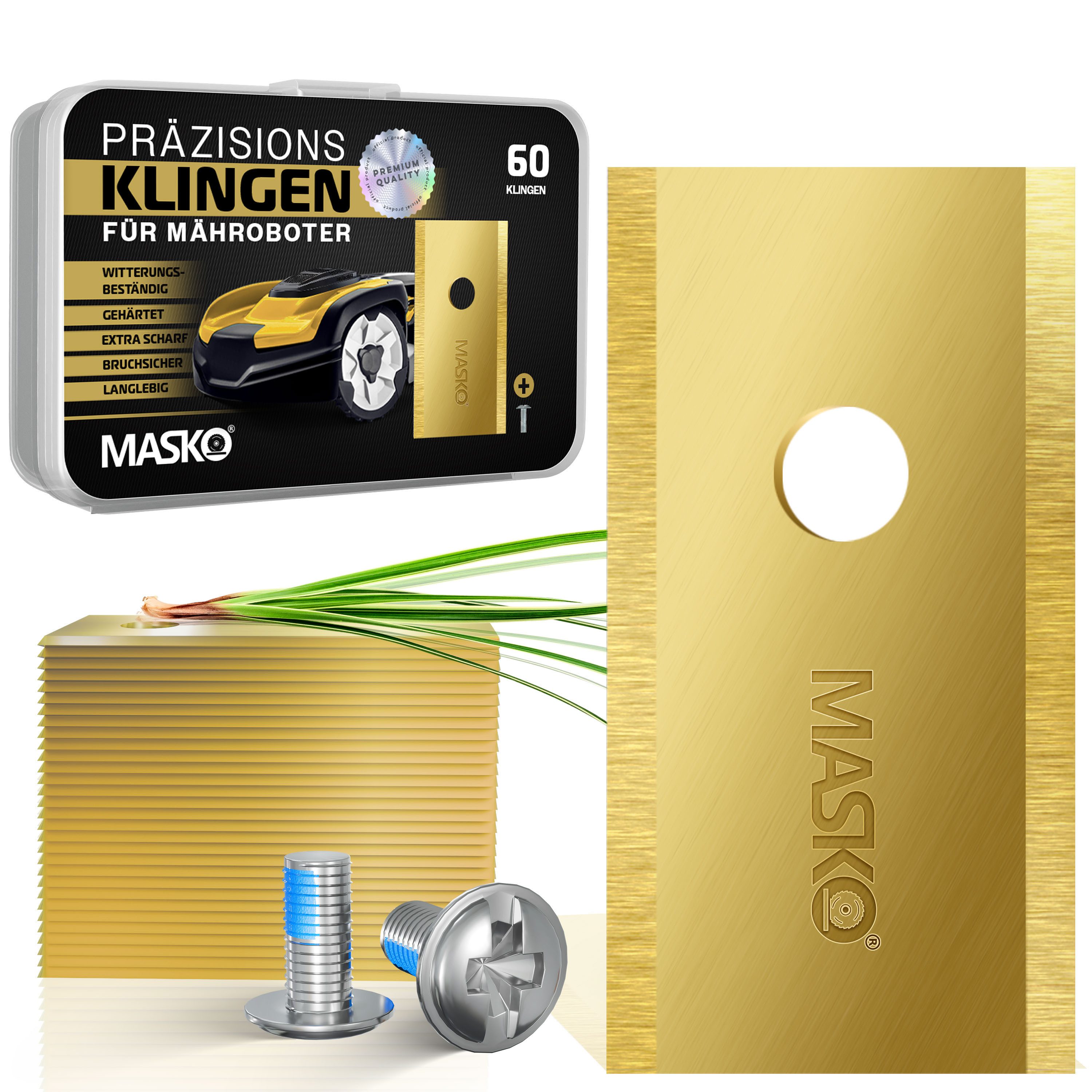 MASKO Mährobotermesser (60-St), Ersatzmesser Klingen für Mähroboter langlebig Titan-Beschichtung goldfarben