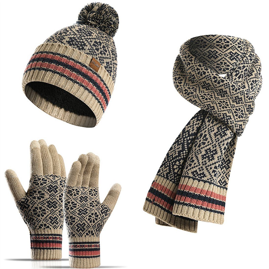 DÖRÖY Strickmütze Unisex Winter Vintage Wollmütze, Mütze, Schal, Handschuhe 3er Set Beige