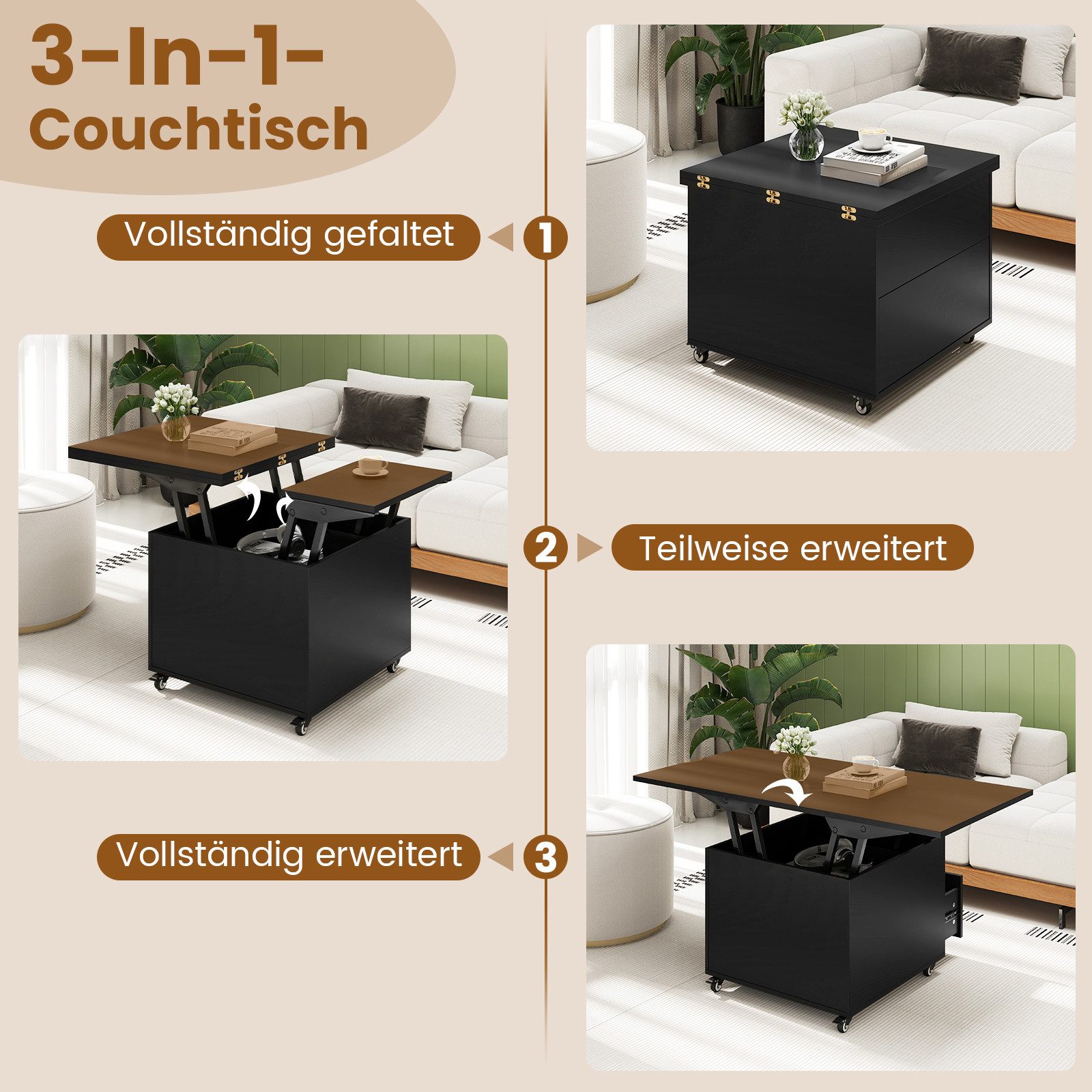 COSTWAY Couchtisch umwandelbar höhenverstellbar mit Schublade, Rollen, Stauraum – Bild 3 von 5