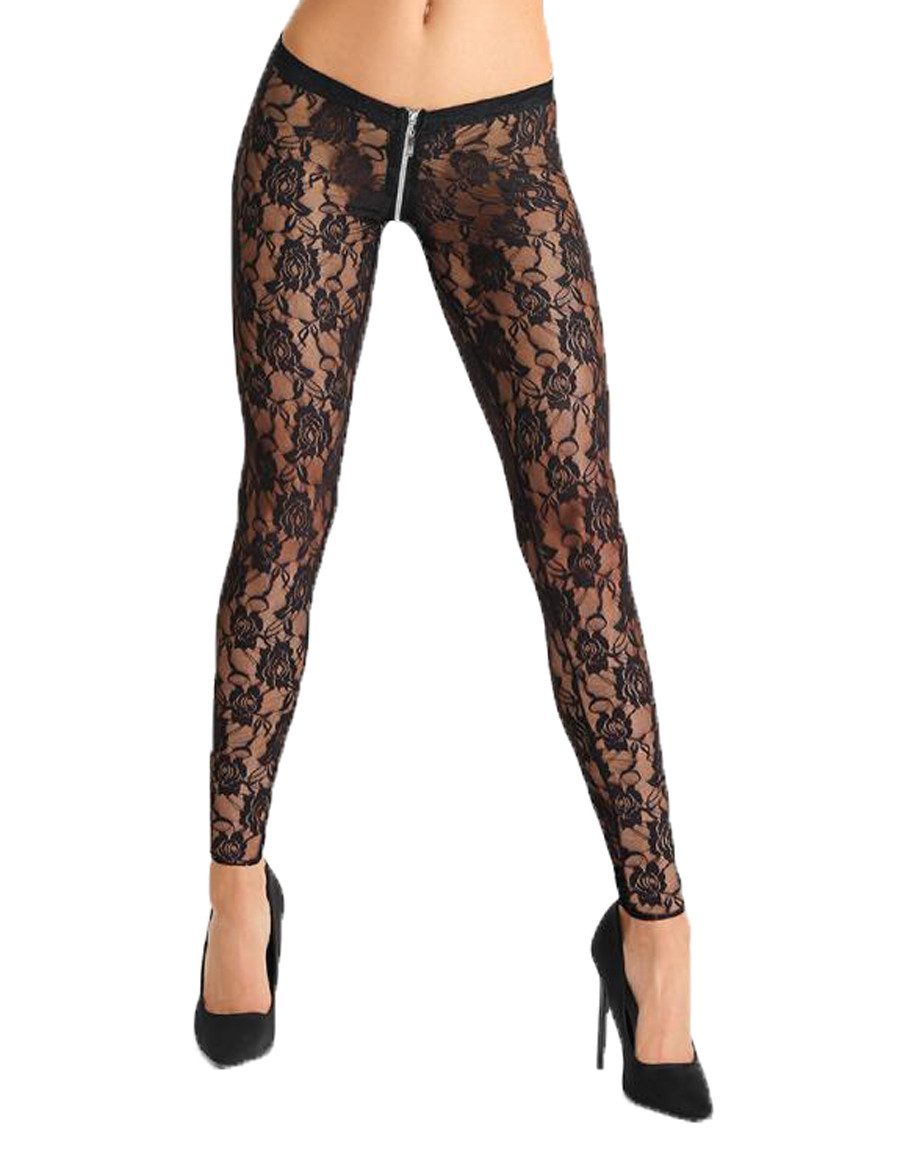 Leggings Damen Leggings schwarz transparent aus Spitze dehnbar Frauen Pants mit