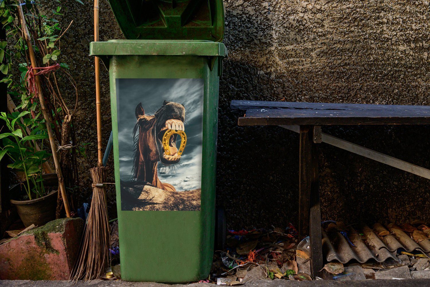 Mülltonne, Mädchen Mädchen Kinder - - Pferd - Sticker, Abfalbehälter (1 - Mülleimer-aufkleber, Wandsticker Gold Hufeisen St), - MuchoWow Container,