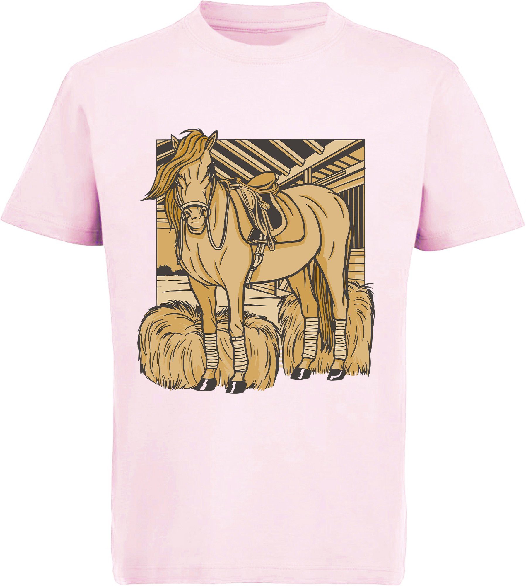 MyDesign24 Print-Shirt bedrucktes Mädchen T-Shirt ein Pferd im Stall Baumwollshirt mit Aufdruck, i147 rosa