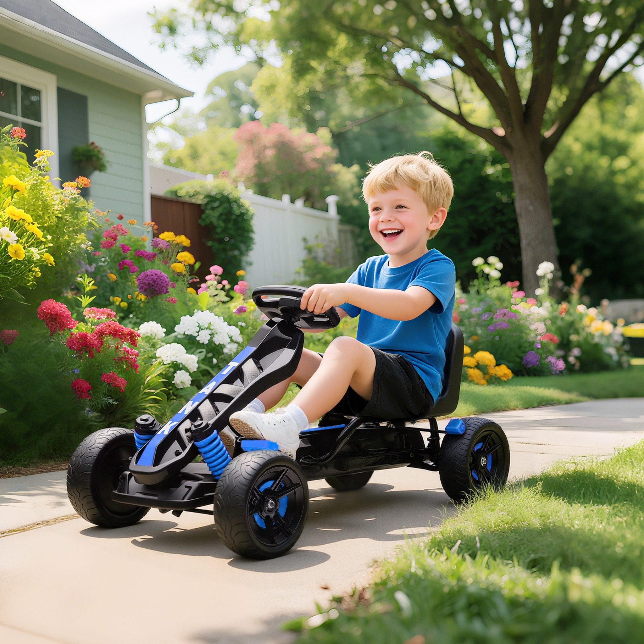 AIYAPLAY Go-Kart mit Handbremse, Automatisches Kupplungssystem, Vor- und Rückwärtsgang, für Kinder 3-6 Jahren Blau