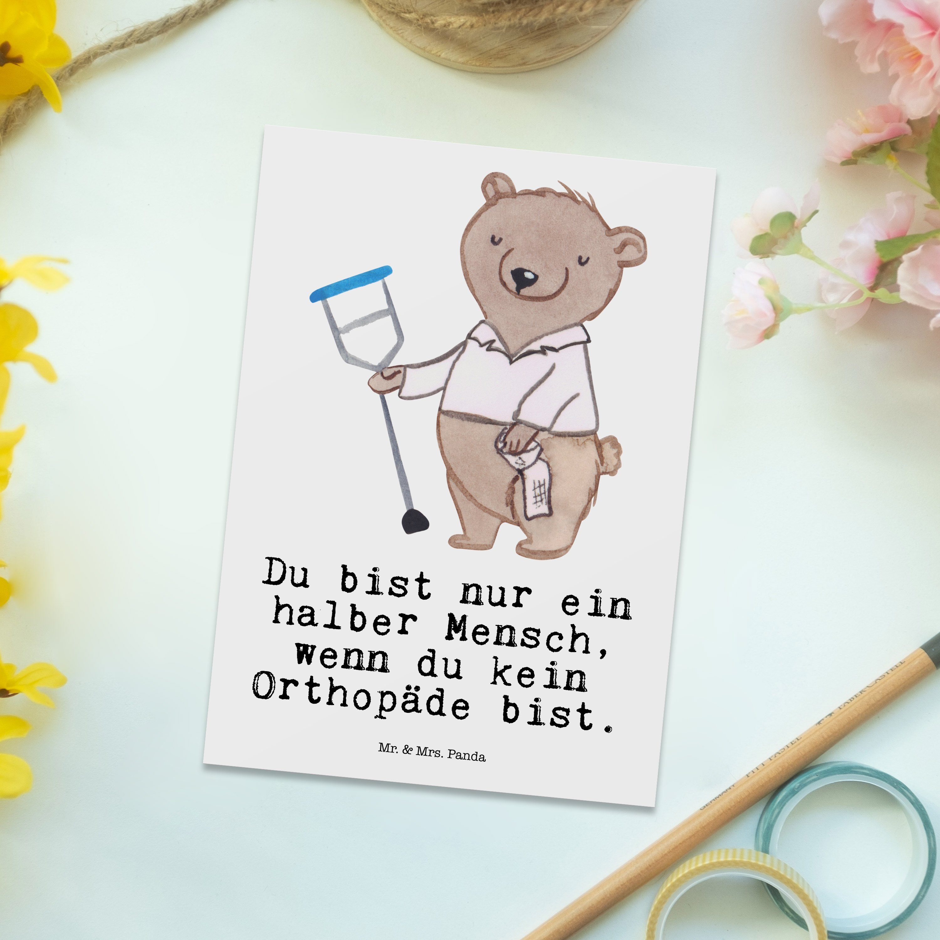 Mr. Einladungskarte, Panda Weiß - Krank mit Firma, Herz & Geschenk, Mrs. Postkarte - Orthopäde