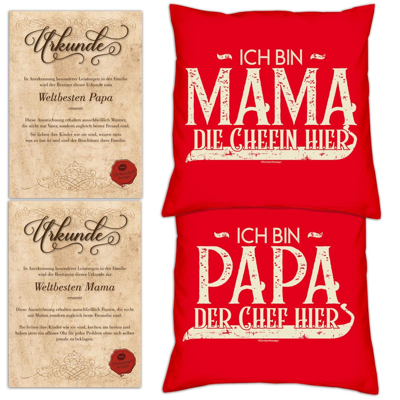 Soreso® Dekokissen Kissen-Set Ich bin Papa der Chef hier Ich bin Mama die Chefin hier mit Urkunden, Weihnachtsgeschenk für Eltern rot